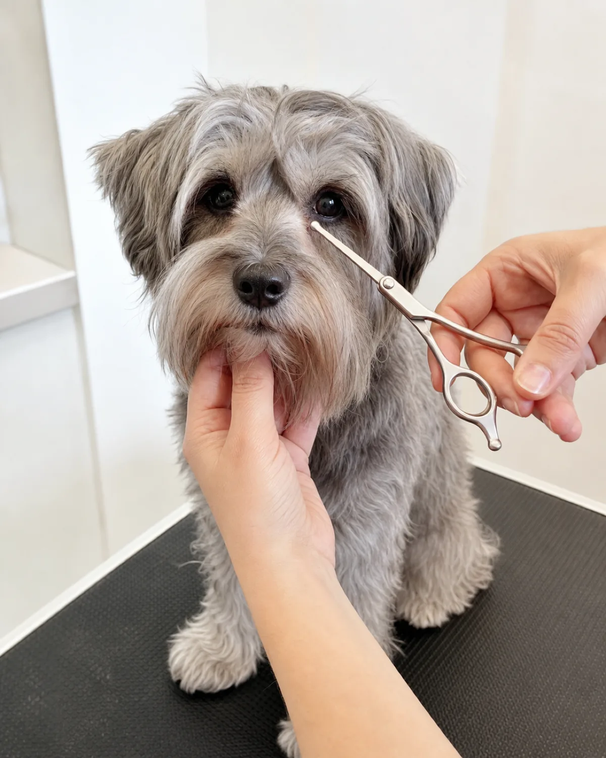 a medium dog with a shaggy silver-grey coat bright dark eyes partly covered by fringe and medium floppy ears sitting on a grooming table with a human hand holding blunt-tip rounded scissors near the fur below the dog inner eye corner