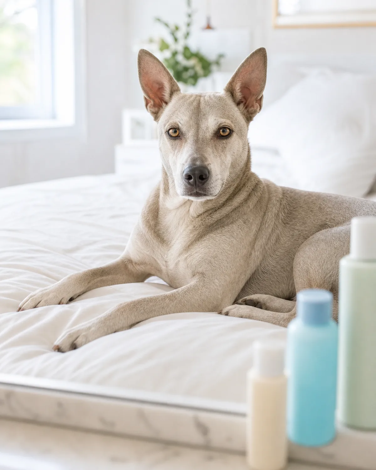 a pale grey smooth short-coated medium dog with amber eyes and tall pointed ears lying on a soft white bed with colorful bottles on a bathroom shelf in the blurred foreground