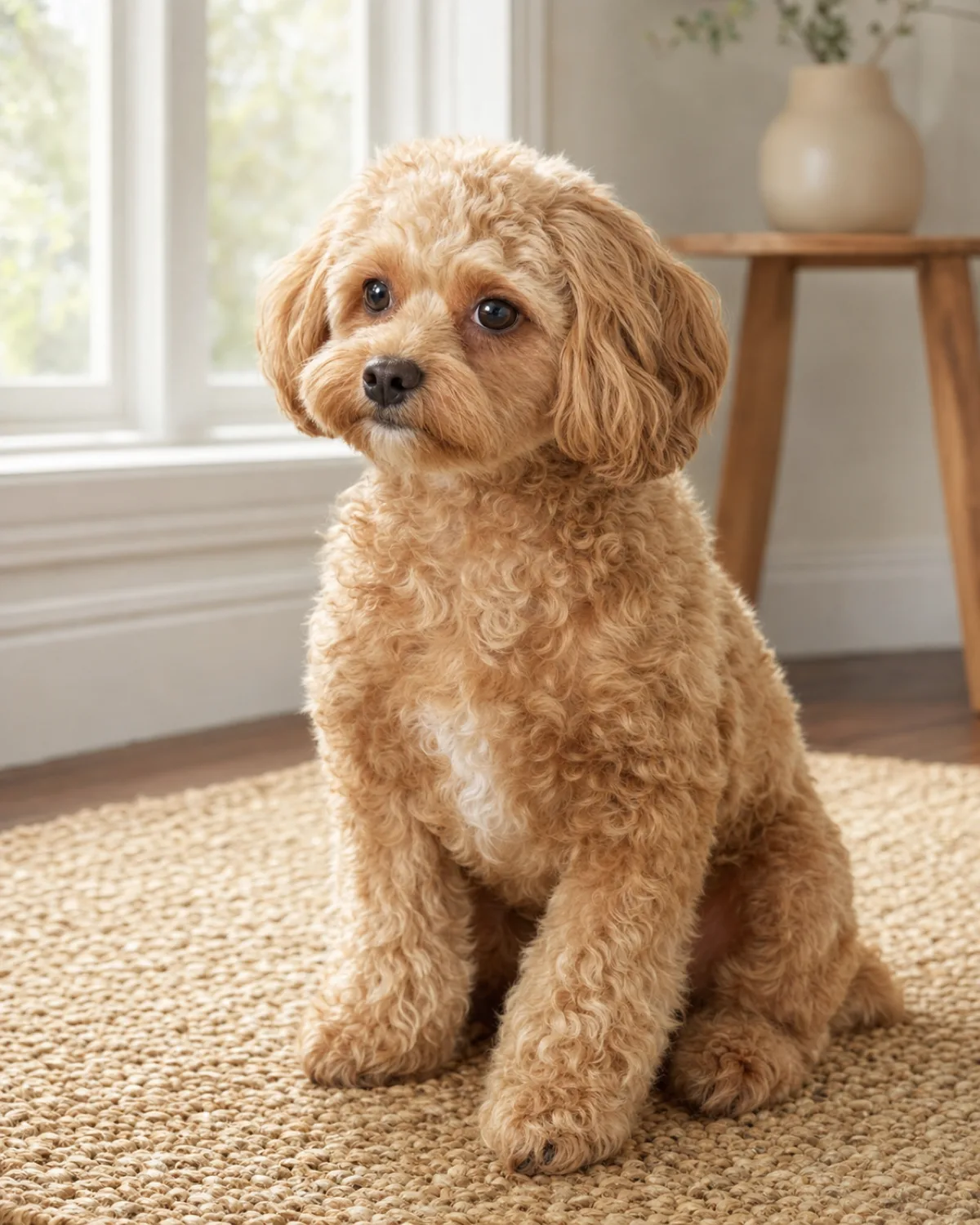 a small compact dog with a soft apricot curly coat round dark eyes floppy ears and a short rounded muzzle sitting on a woven jute rug in a sunlit room with faint pinkish tear tracks below the inner corner of each eye