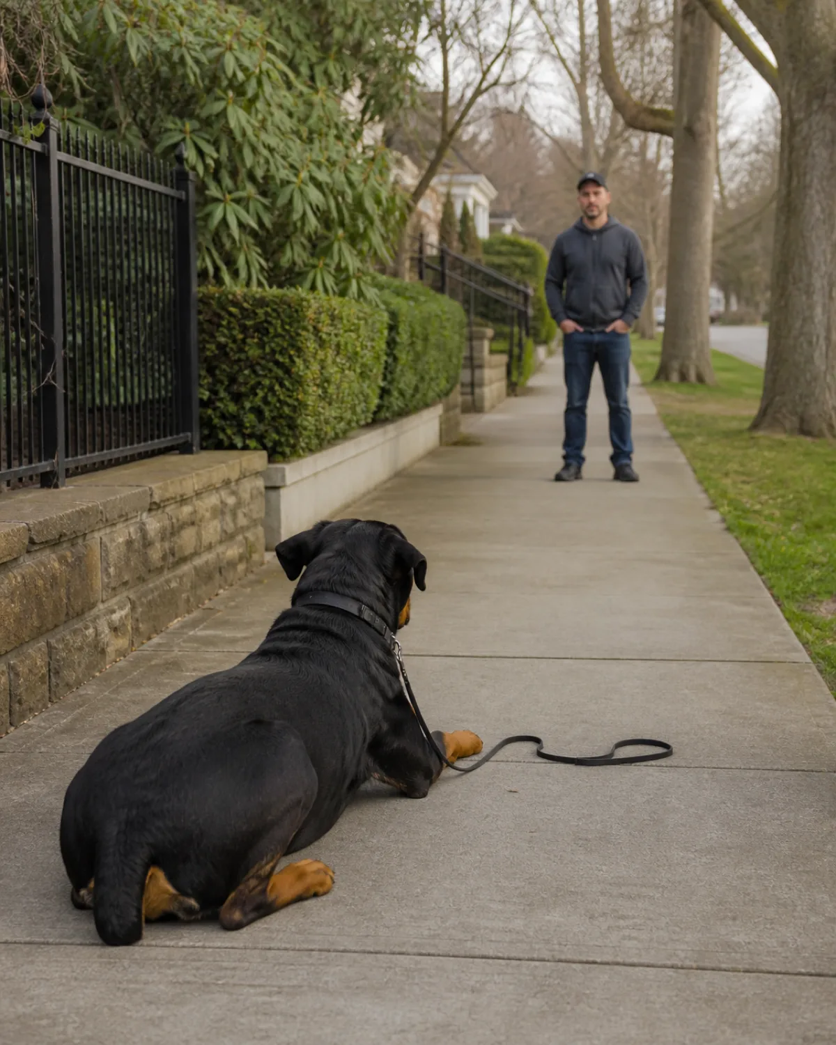 a large powerful black-and-tan short-coated dog with a broad blocky head and floppy ears practicing a down-stay on a quiet empty sidewalk in a residential neighborhood lying calmly with head up watching the handler who stands 3 meters away flat collar and loose leash on the ground soft overcast daylight no other people or dogs visible