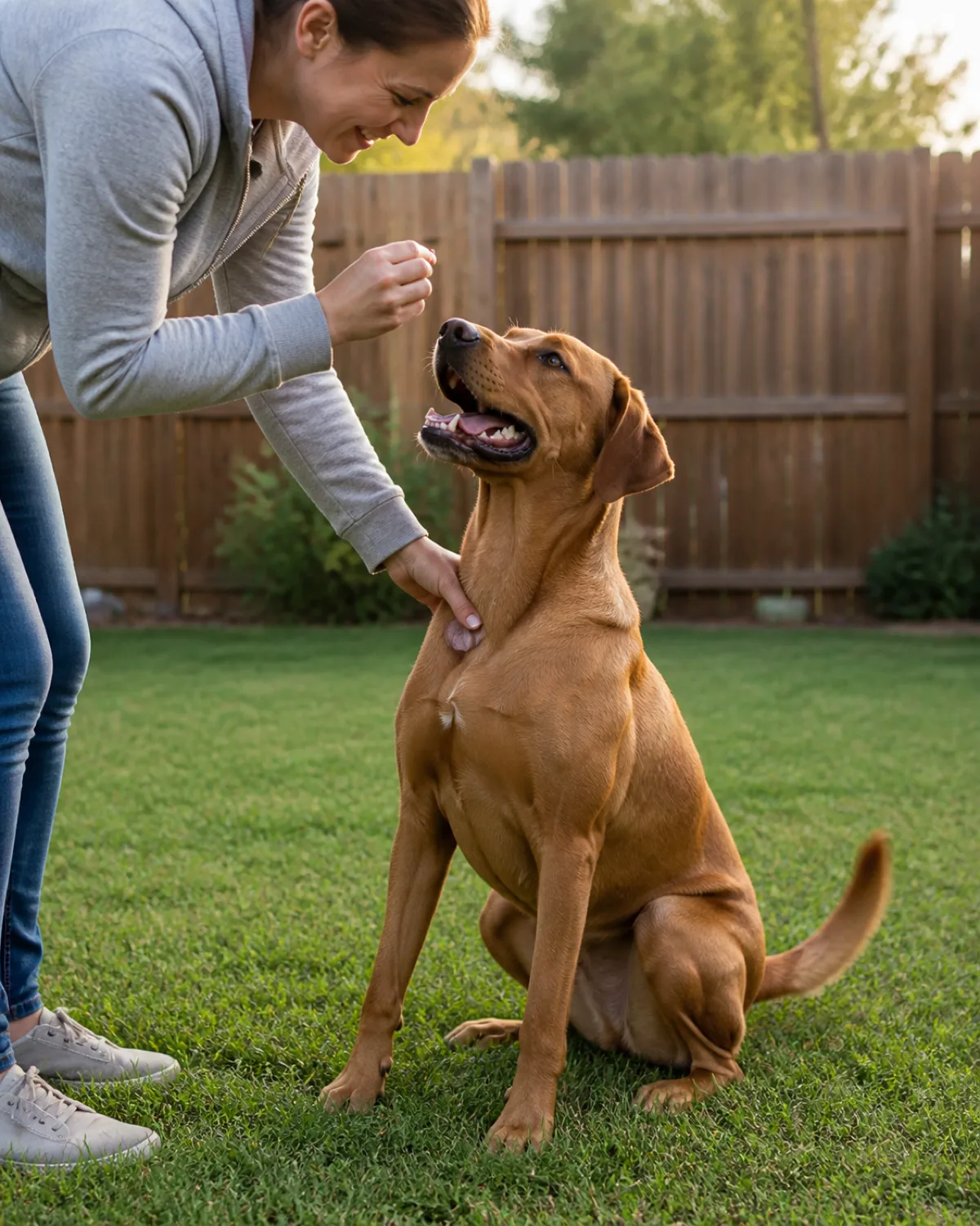 a medium-large sleek dog with a uniform rusty golden-brown short coat floppy ears and a lean athletic frame doing a perfect sit on grass in a backyard tail wagging mouth open in a happy expression a person bending down to deliver a treat with one hand while the other hand pats the dog chest late afternoon warm sunlight