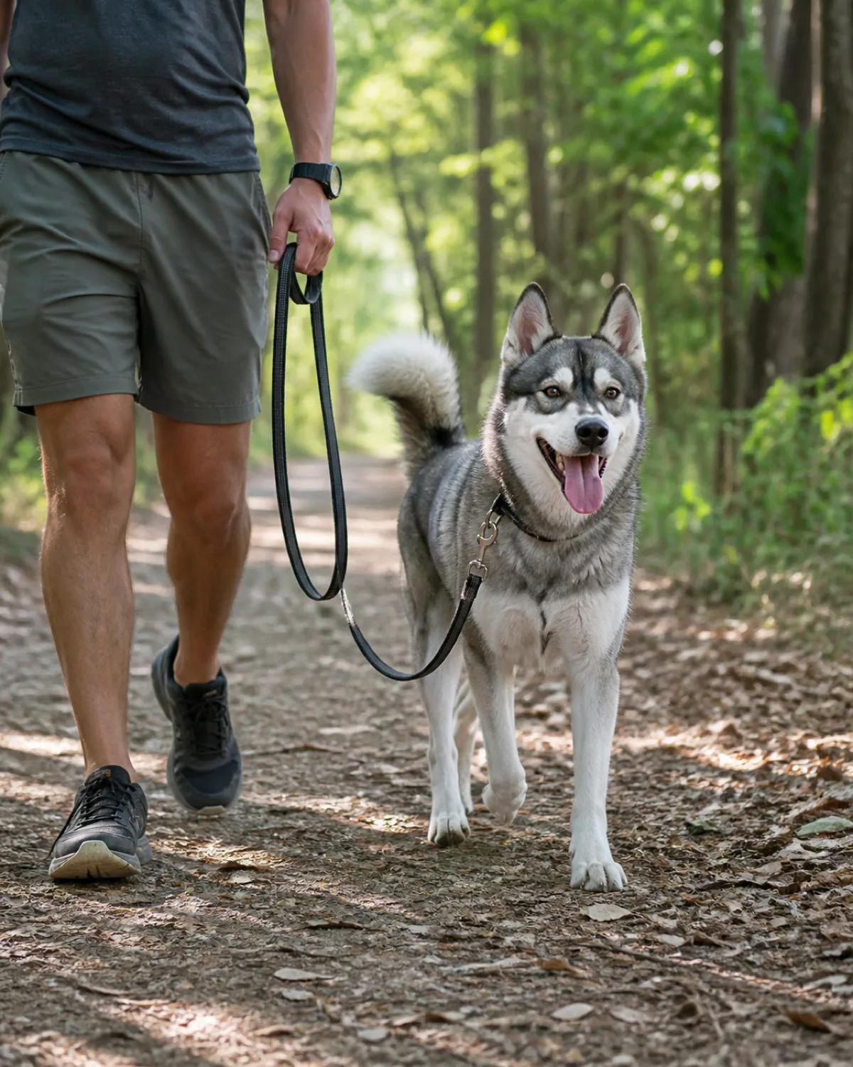 a medium athletic double-coated dog grey-and-white with a symmetric darker facial mask erect triangular ears and a bushy tail trotting on a walking trail alongside a person lower body and leash visible tongue out relaxed body language trees and dappled morning sunlight