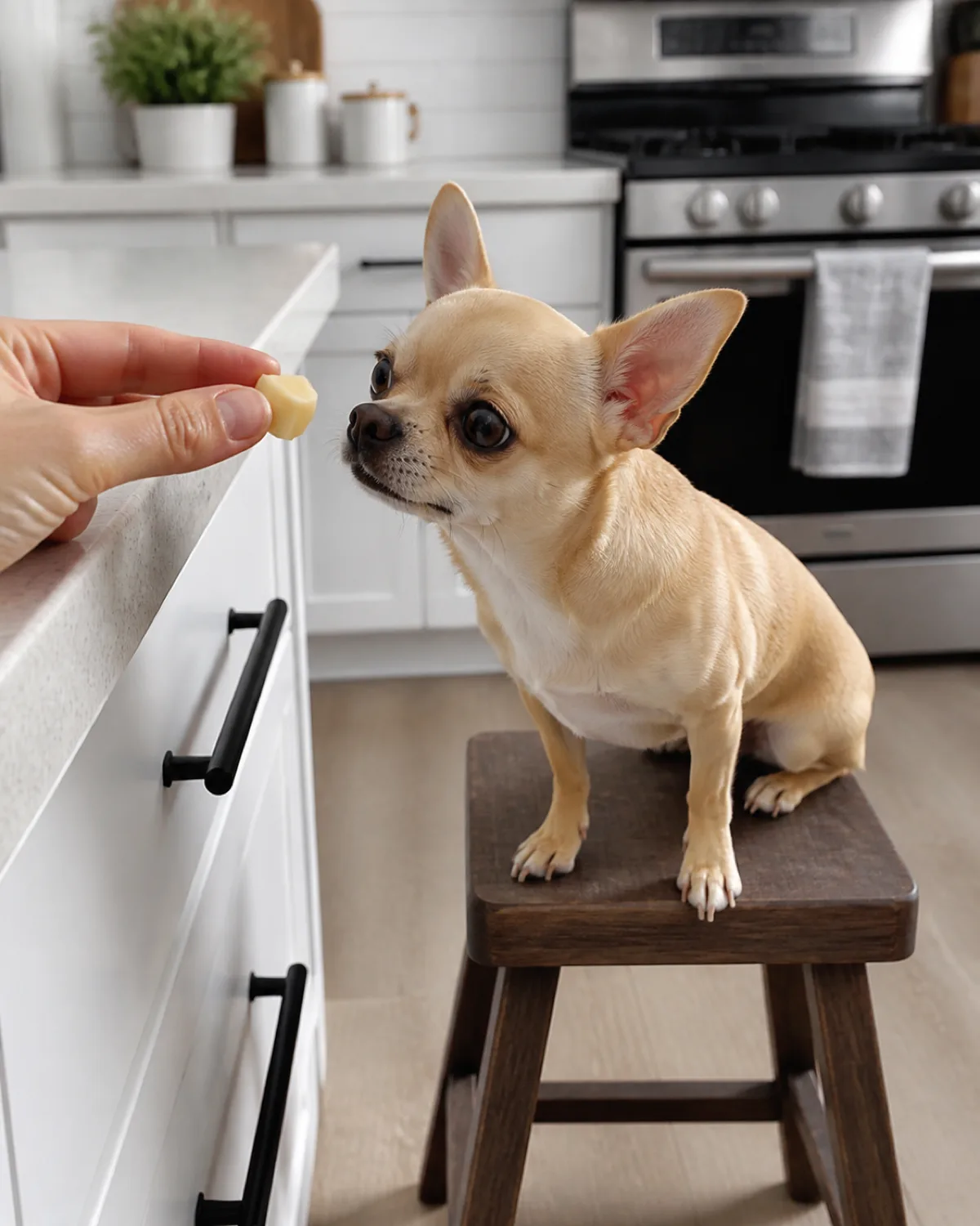 a tiny dog with an apple-domed head oversized erect ears large round eyes and a short fawn coat sitting on a low stool beside a kitchen counter nose pointing eagerly toward a person hand holding a small piece of cheese the dog whole body leaning forward with excitement bright kitchen light