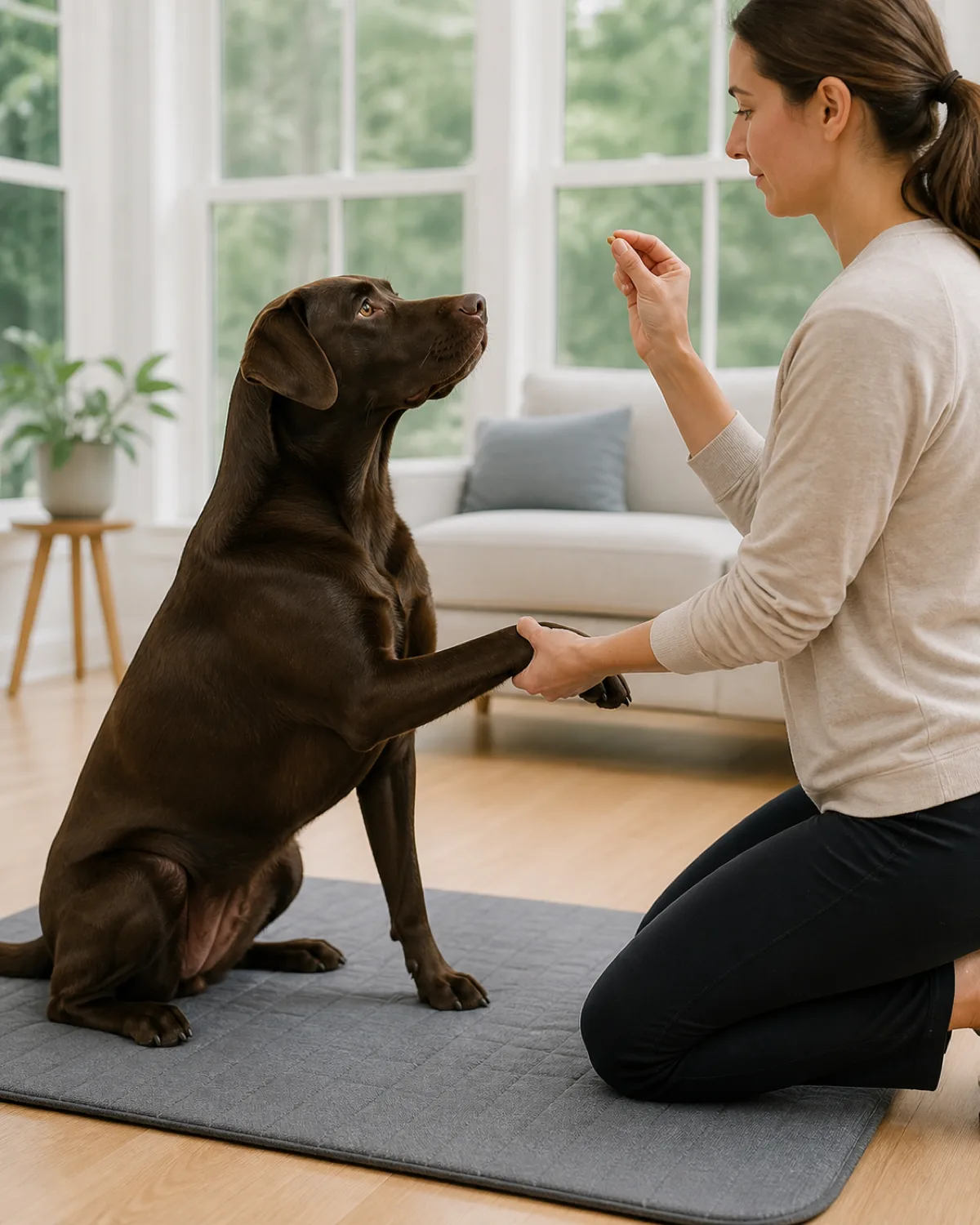 a large solid chocolate-brown short-coated dog with floppy ears athletic build offering a paw to shake while sitting on a training mat a person kneeling in front gently holding the paw with one hand and a treat in the other the dog focused solely on the treat bright airy living room with large windows