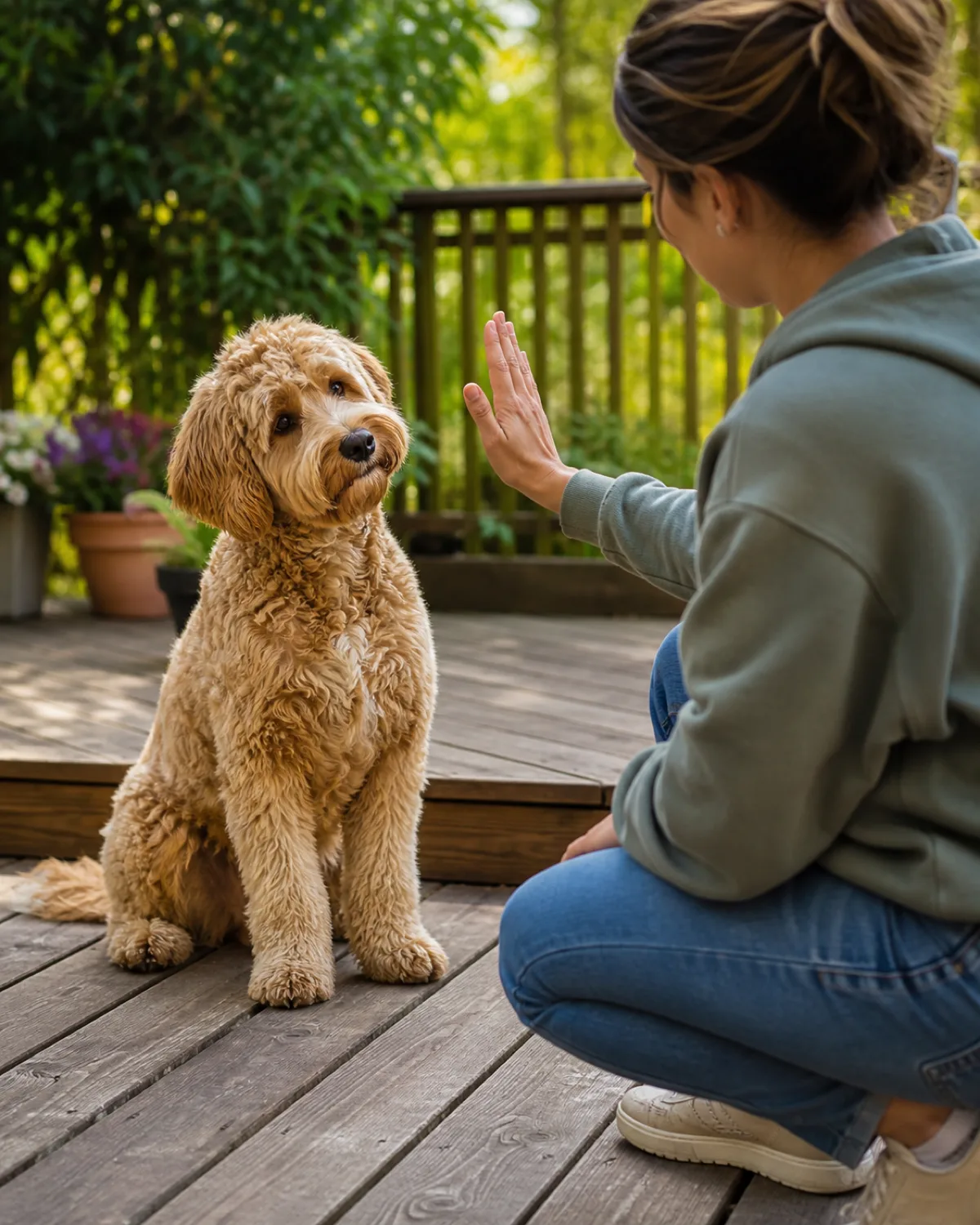 a medium dog with a soft shaggy wavy-to-curly golden coat floppy ears and a rounded teddy-bear face sitting on a wooden deck head tilted slightly to one side listening intently a person crouching in front with one hand raised in a clear palm-out hand signal afternoon backyard light