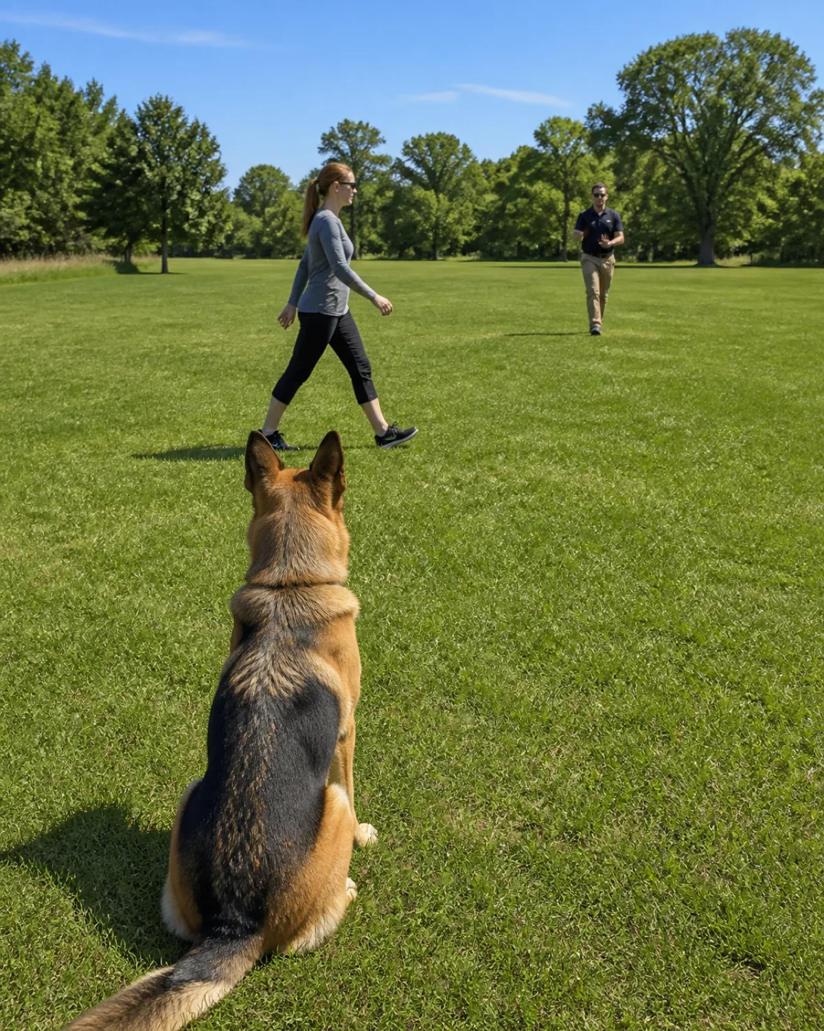 a large dog with a tan body and a black saddle-and-mask medium coat large upright pointed ears long muzzle holding a stay position on a park lawn while the handler walks away at 8 meters distance another person walking past between them as a distraction the dog maintaining rock-solid focus toward the distant handler wide park setting midday sunlight