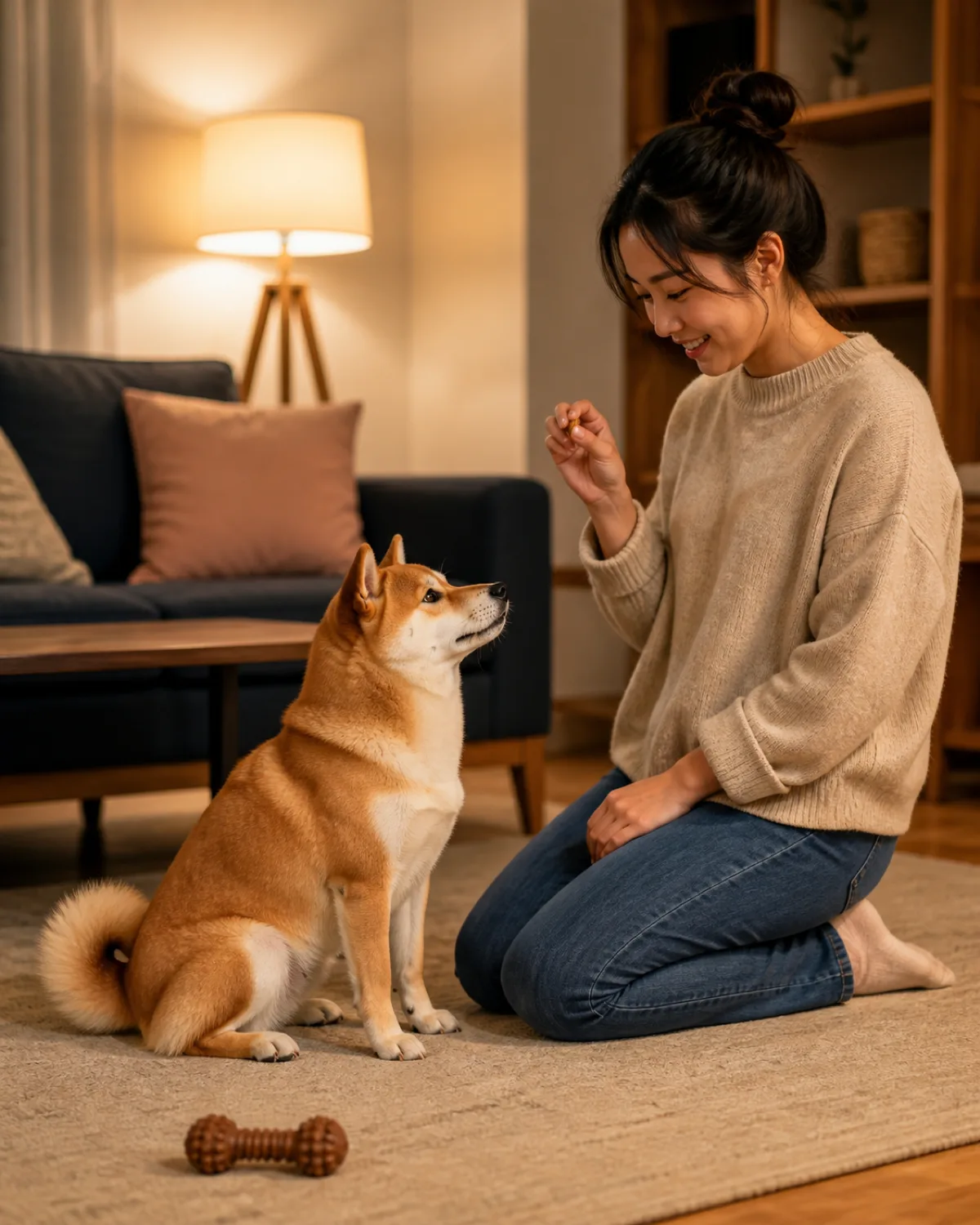 a small compact dog with a thick orange-red double coat and white underside erect ears a curled tail and a fox-like face sitting calmly on a living room floor beside a person legs the person looking down at the dog with a relaxed smile while holding a treat the dog making direct eye contact warm lamp light a chew toy on the floor ignored