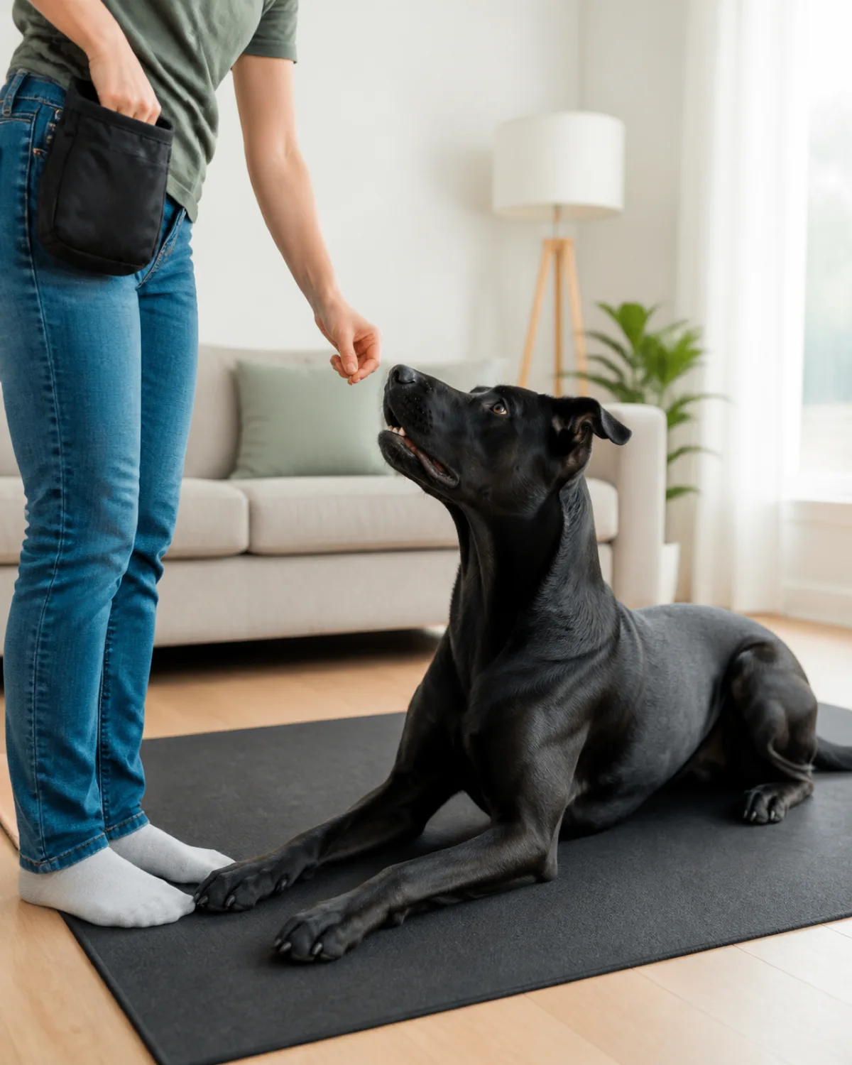 a large athletic solid-black short-coated dog with floppy ears and a glossy coat in a down position on a training mat in a living room a person reaching into an open treat pouch at their hip with one hand while the other hand extends a treat toward the dog ears perked forward eagerly bright natural light