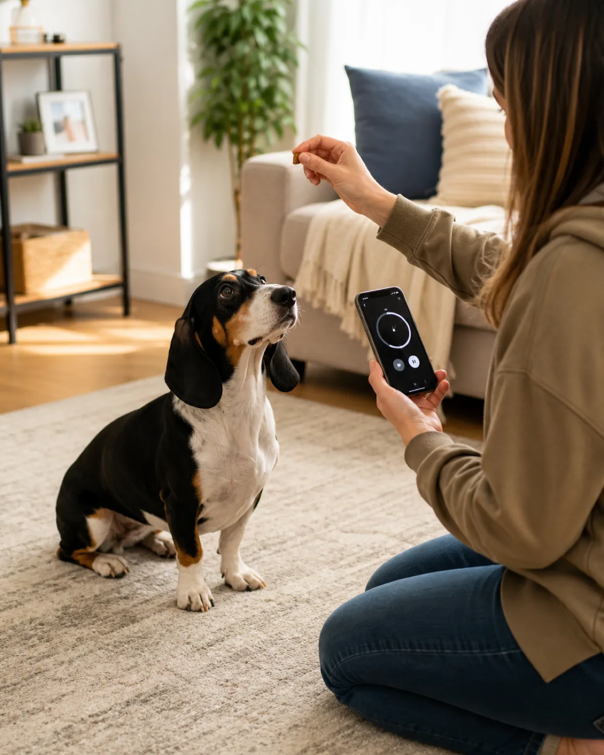 a small sturdy tricolor black white and tan short-coated hound with long low-set floppy ears sitting on a living room rug looking up at a person kneeling nearby holding a treat in one hand and a phone showing a timer in the other hand bright warm indoor light