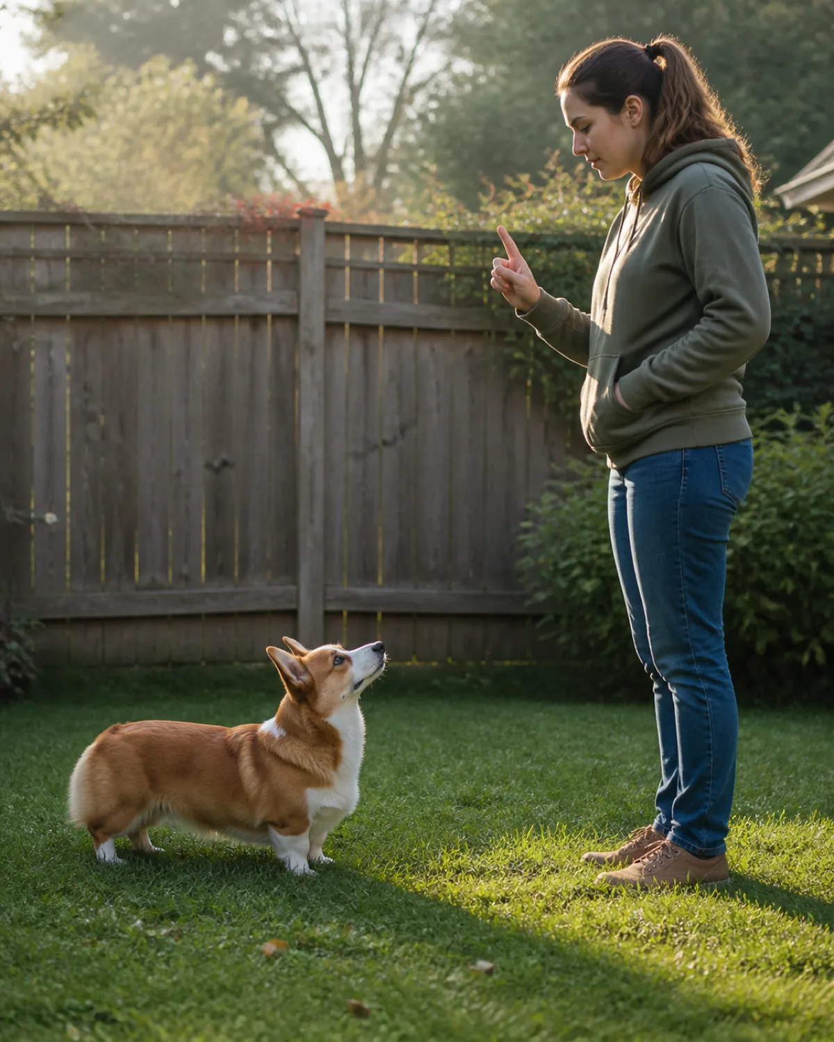 a small dog with very short legs and a long low body a red-and-white coat oversized erect ears and a foxy face looking up with an attentive tilted-head expression at a person standing with one finger raised the person mouth is closed not speaking quiet backyard setting morning light