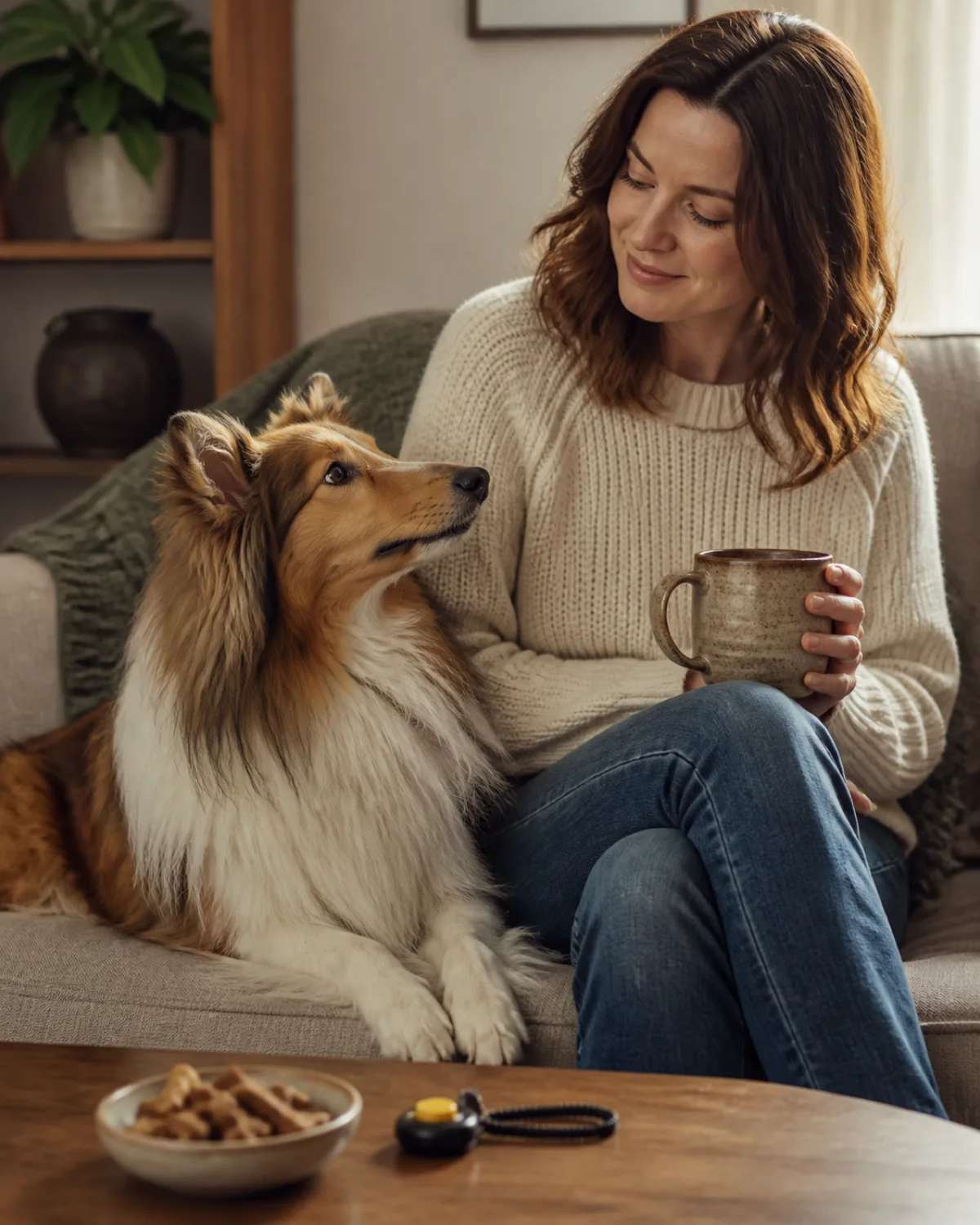 a small collie-like dog with an abundant sable-and-white long coat a mane and frill semi-erect ears and a fine long muzzle lying relaxed on a sofa beside a person who is sitting with a mug of coffee both looking calm and content training treats and a clicker sitting on the coffee table nearby warm cozy living room with soft window light