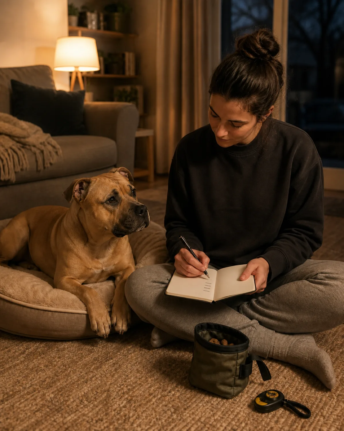 a medium muscular dog with a broad blocky head wide-set eyes a short smooth fawn coat and a strong jaw lying on a dog bed beside a person sitting cross-legged on the floor with a notebook and pen the person writing a few lines while the dog watches contentedly a treat pouch and clicker beside them warm evening lamp light living room setting