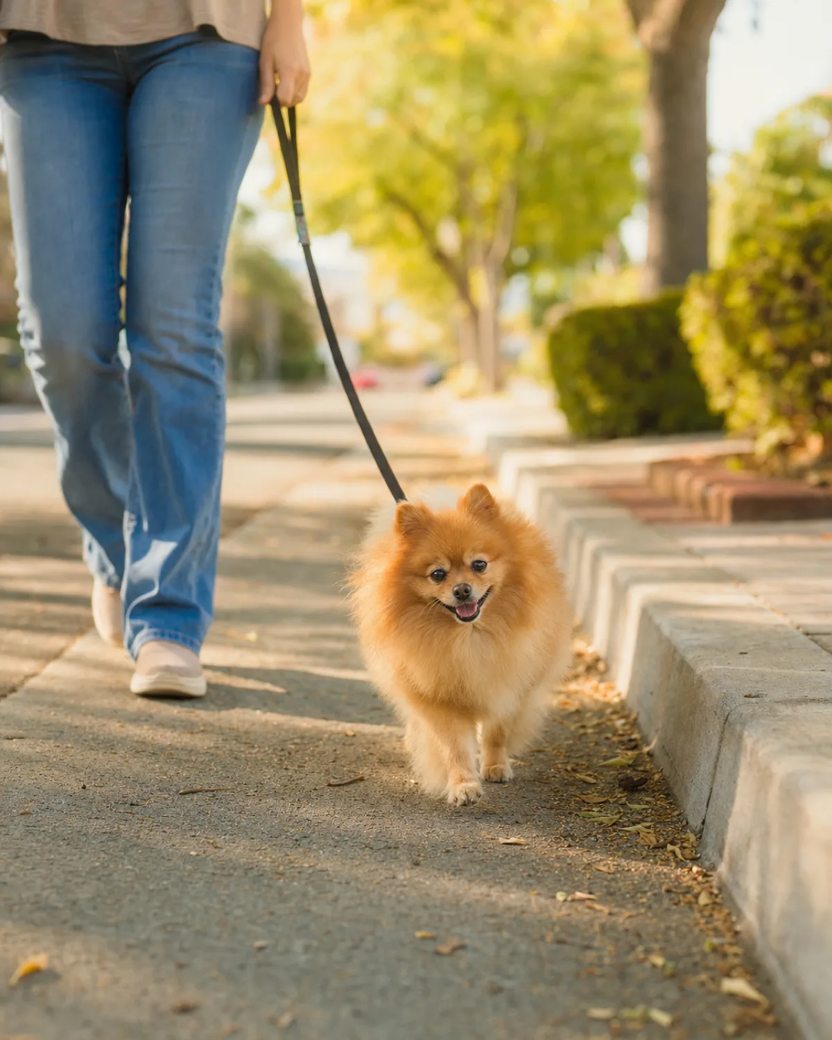 a tiny dog with a profuse fluffy orange double coat foxy face and small erect ears walking at a relaxed pace on a quiet residential sidewalk in afternoon light