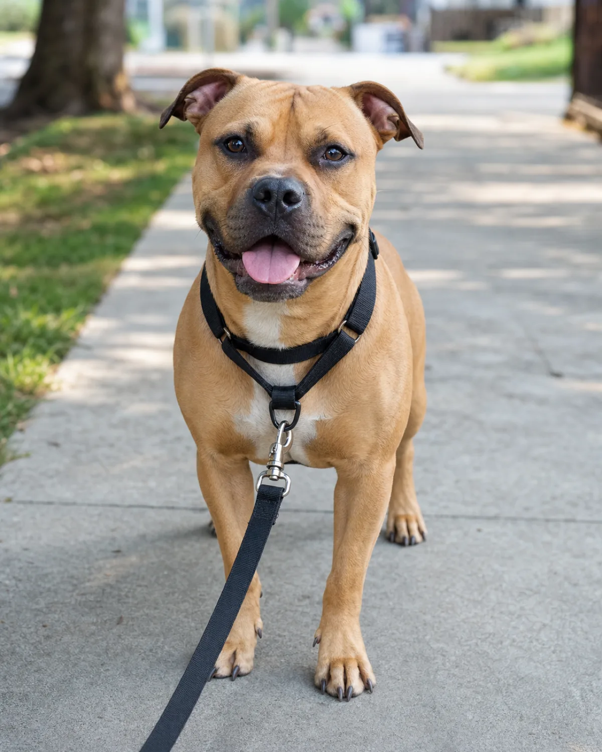 a medium muscular dog with a broad blocky head and short smooth fawn coat wearing a well-fitted front-clip harness with a standard flat leash attached standing on a sidewalk