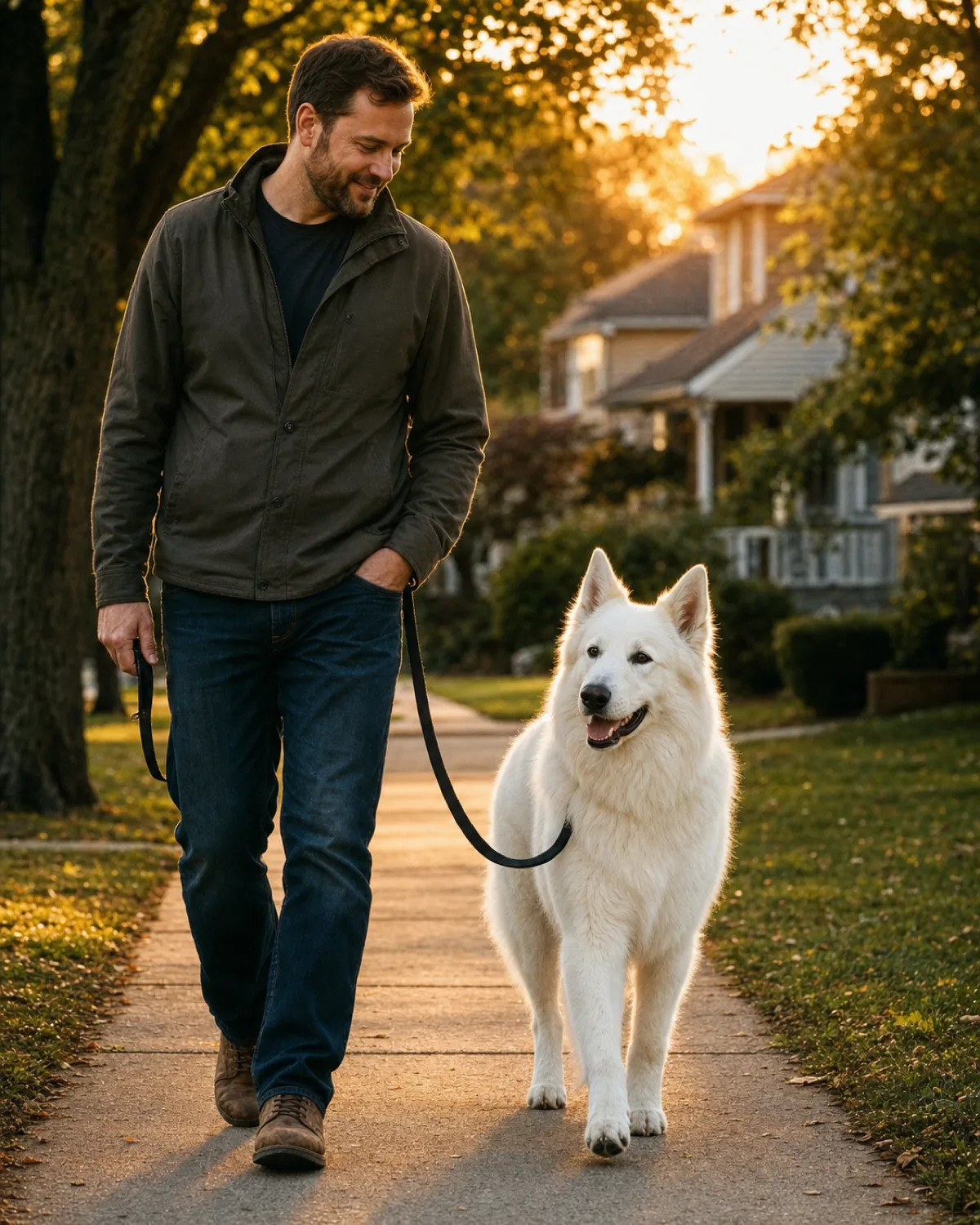 a large dog with a thick stand-off pure-white double coat and erect ears walking calmly beside the handler on a neighborhood route at sunset