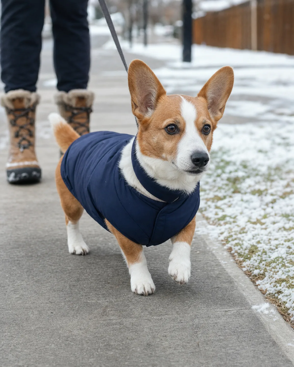 a small dog with very short legs and a long low body a red-and-white coat and oversized erect ears wearing a fitted navy jacket on a snowy sidewalk
