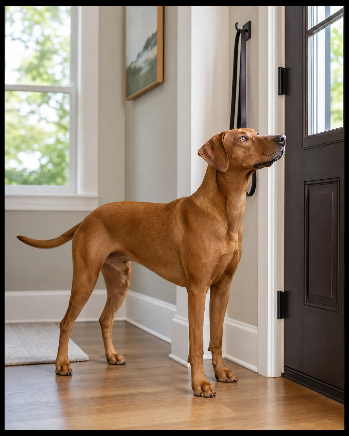 a medium-large sleek dog with a uniform rusty golden-brown short coat and floppy ears standing alert near a front door indoors looking at the door with bright expectant eyes