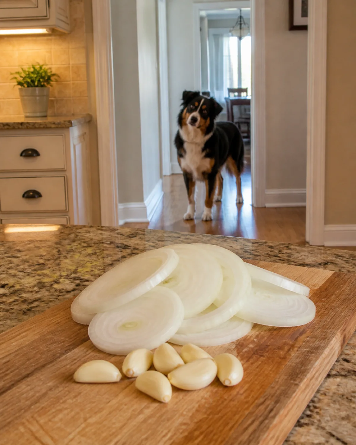 a tricolor dog with floppy ears and patches of black white and warm tan standing in a kitchen doorway several feet from a cutting board with sliced white onion rings and whole garlic cloves warm kitchen light