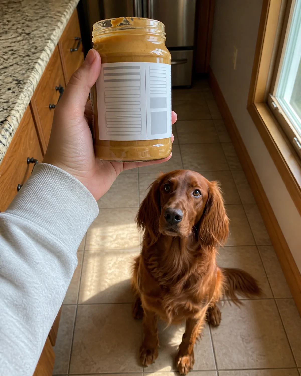 a deep red long silky coated dog with feathered ears sitting calmly on a kitchen tile floor while a persons hand holds an open jar of peanut butter showing the ingredient label warm natural light from a side window