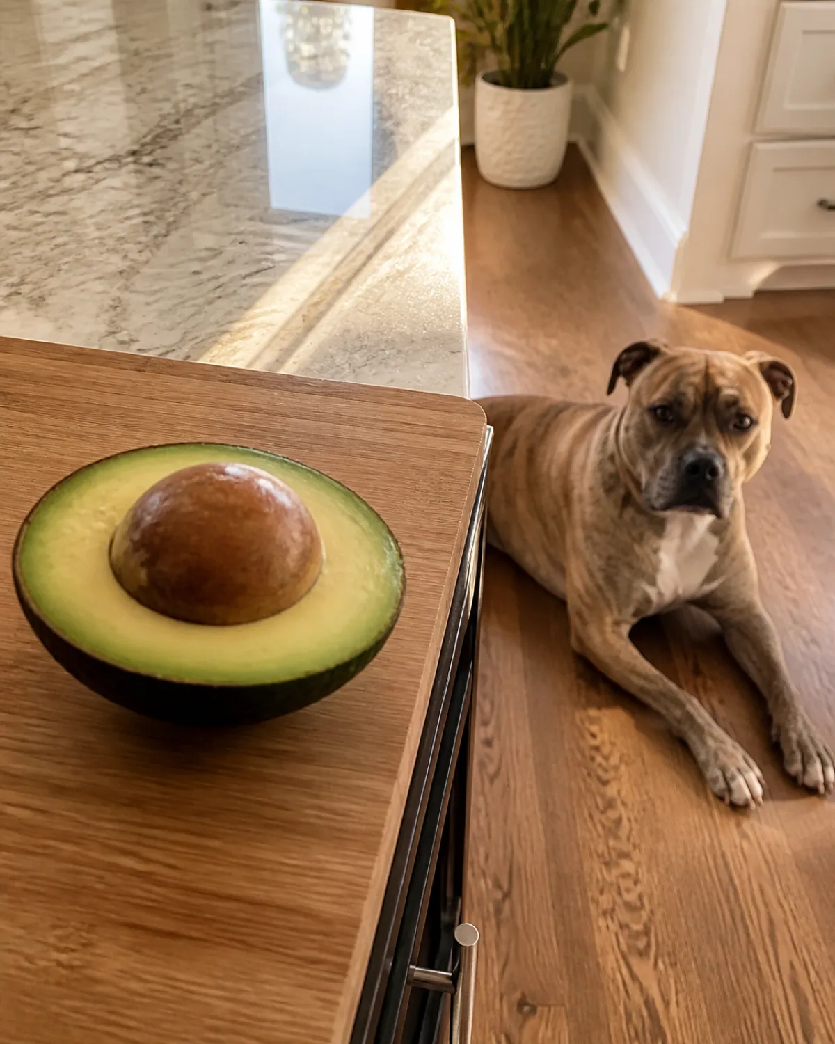 a fawn brindle muscular medium large dog with a short coat lying on a kitchen floor on the opposite side of an island counter from a halved ripe avocado on a wooden cutting board with the large round pit visible warm morning light