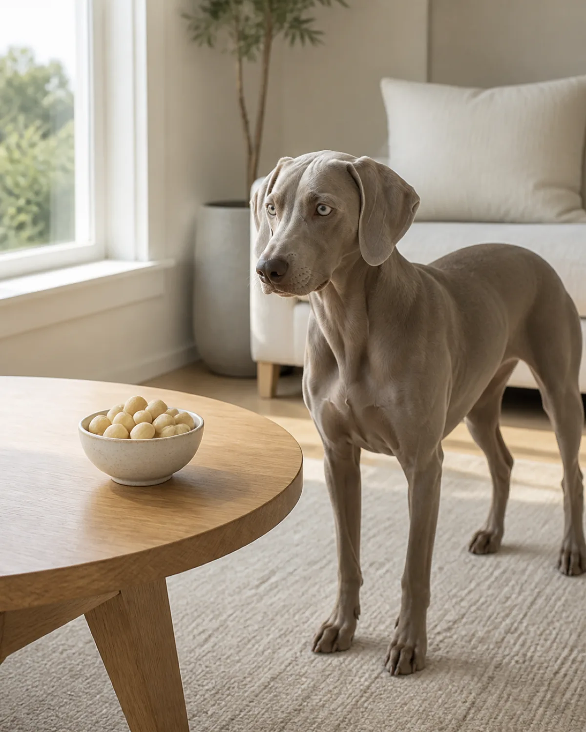a sleek silver grey short coated dog with pale blue grey eyes and elegant long legs standing beside a coffee table with a small ceramic bowl of macadamia nuts in a bright living room warm afternoon light