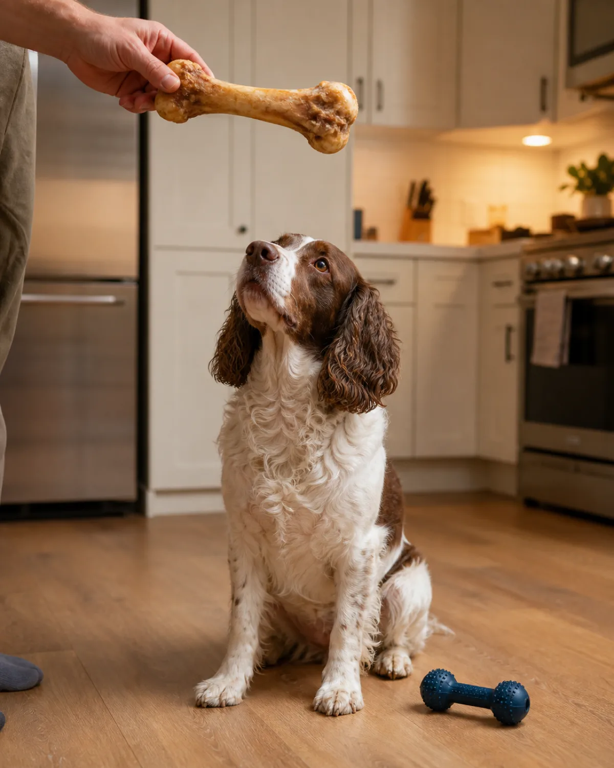 a white and liver patched medium dog with a wavy silky coat and soft brown eyes sitting on a kitchen floor looking up at a persons hand holding a large cooked bone with a rubber dental chew toy beside the dog warm kitchen light