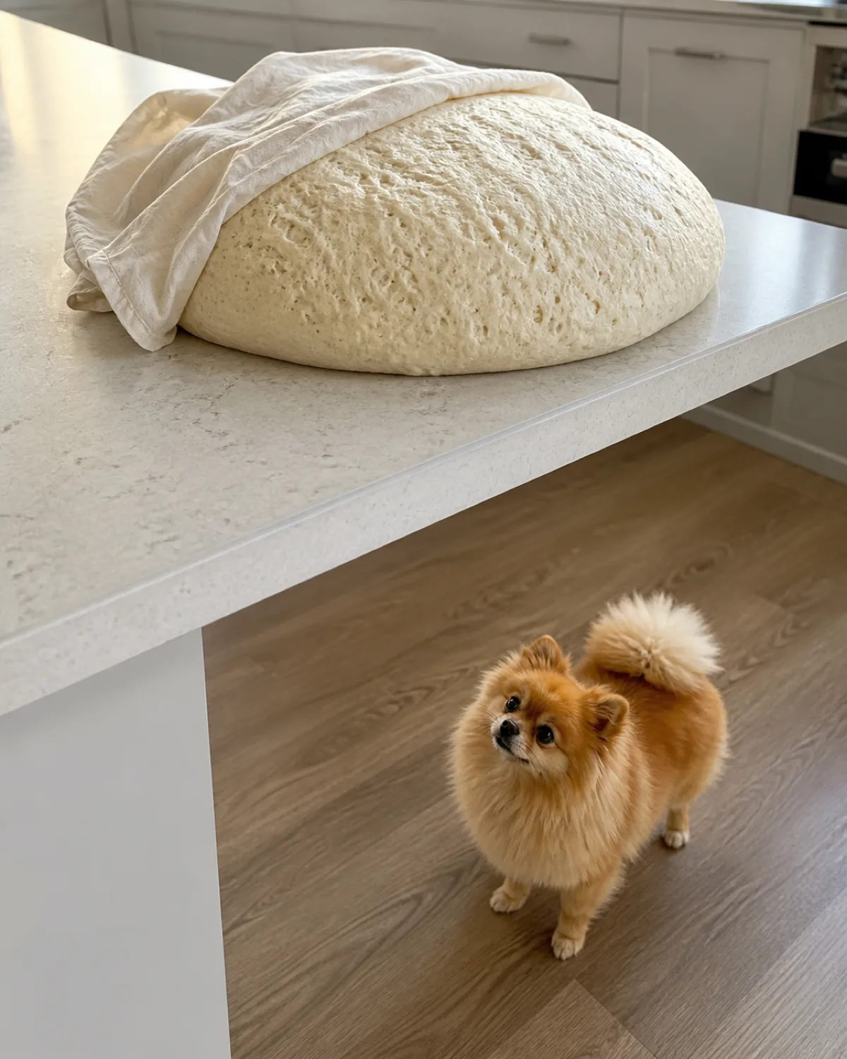 a tiny fluffy orange dog with a round face dark button eyes and a plume tail standing on a kitchen floor below a counter looking up at a large ball of risen bread dough covered with a thin cloth warm kitchen light