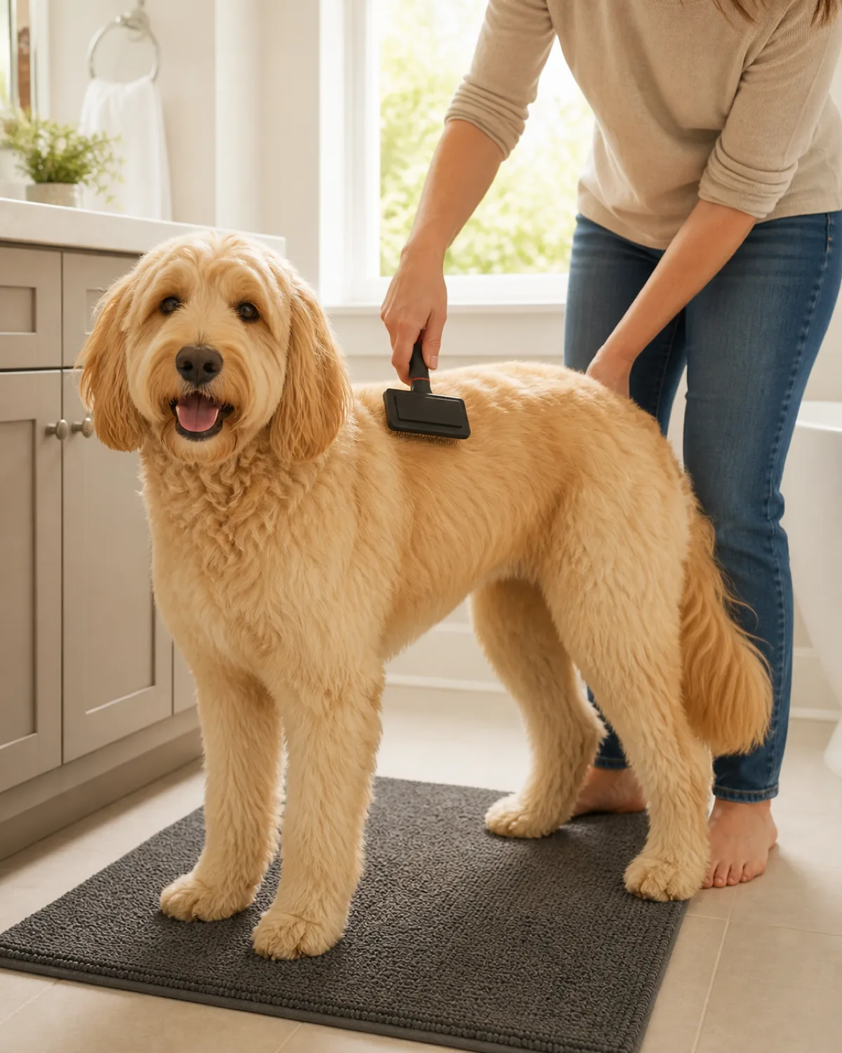 a medium-large golden-cream wavy-coated dog with floppy ears and a fluffy tail standing on a non-slip mat while a person uses a slicker brush in long strokes from shoulder to hip in a bright bathroom with warm natural light