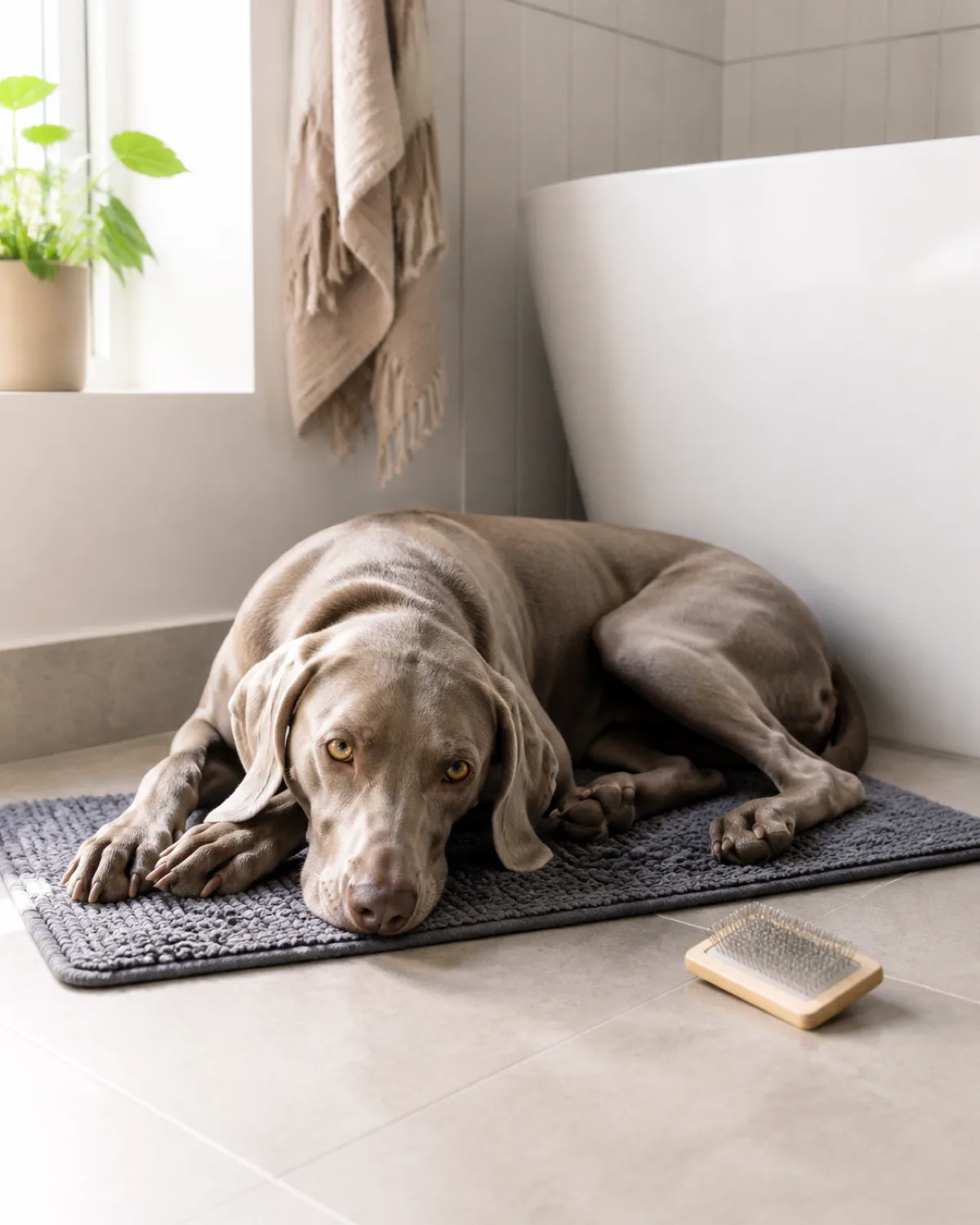 a sleek silver-grey short-coated dog with amber eyes and long floppy ears lying calmly on a rubber-backed bath mat in a bright bathroom corner with soft natural window light and a slicker brush placed within arm reach on the floor beside the mat