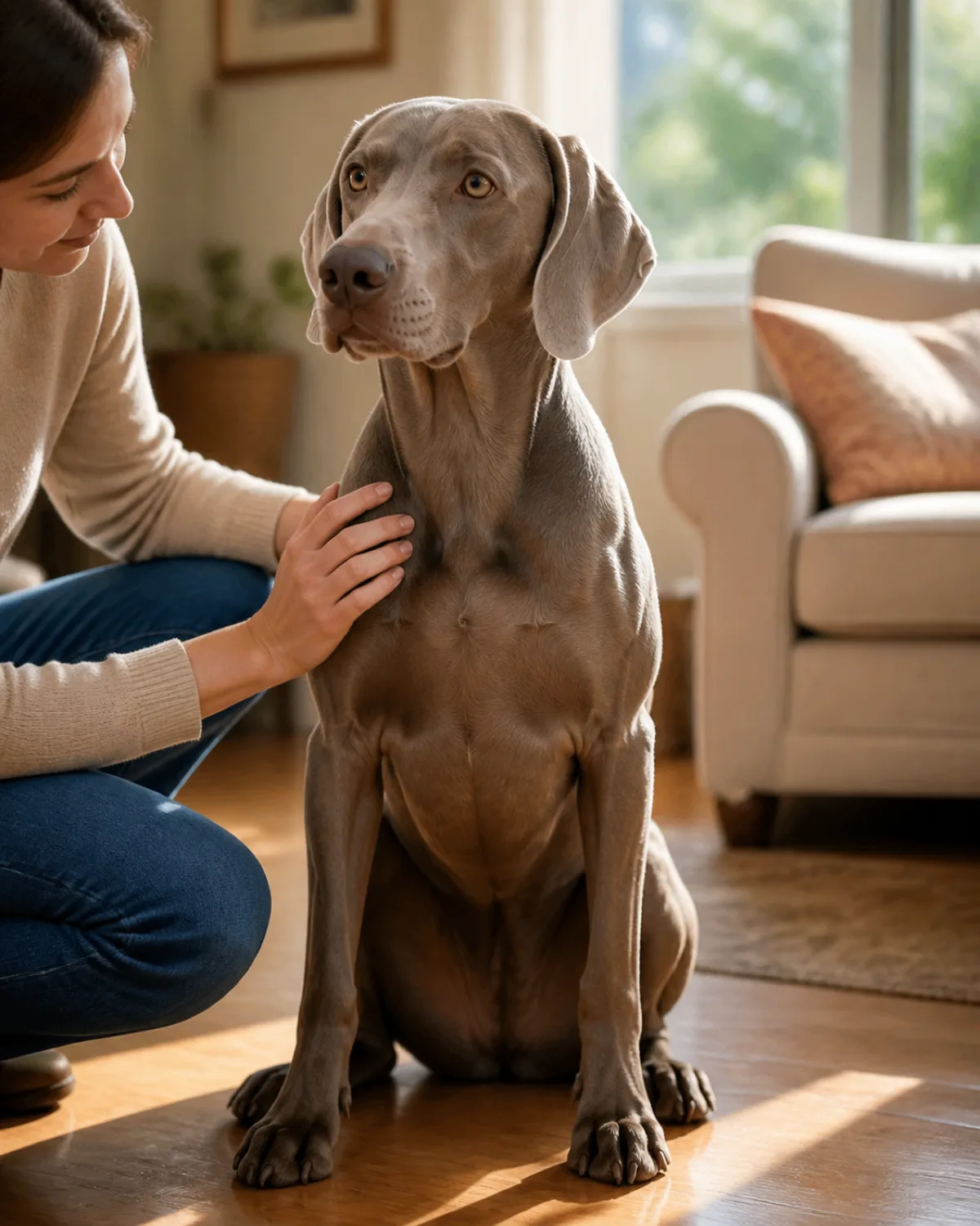 a medium charcoal-grey short-coated athletic dog with amber eyes and velvety floppy ears sitting quietly on a living room hardwood floor with a person crouching beside the dog gently petting its shoulder in warm afternoon light from a window