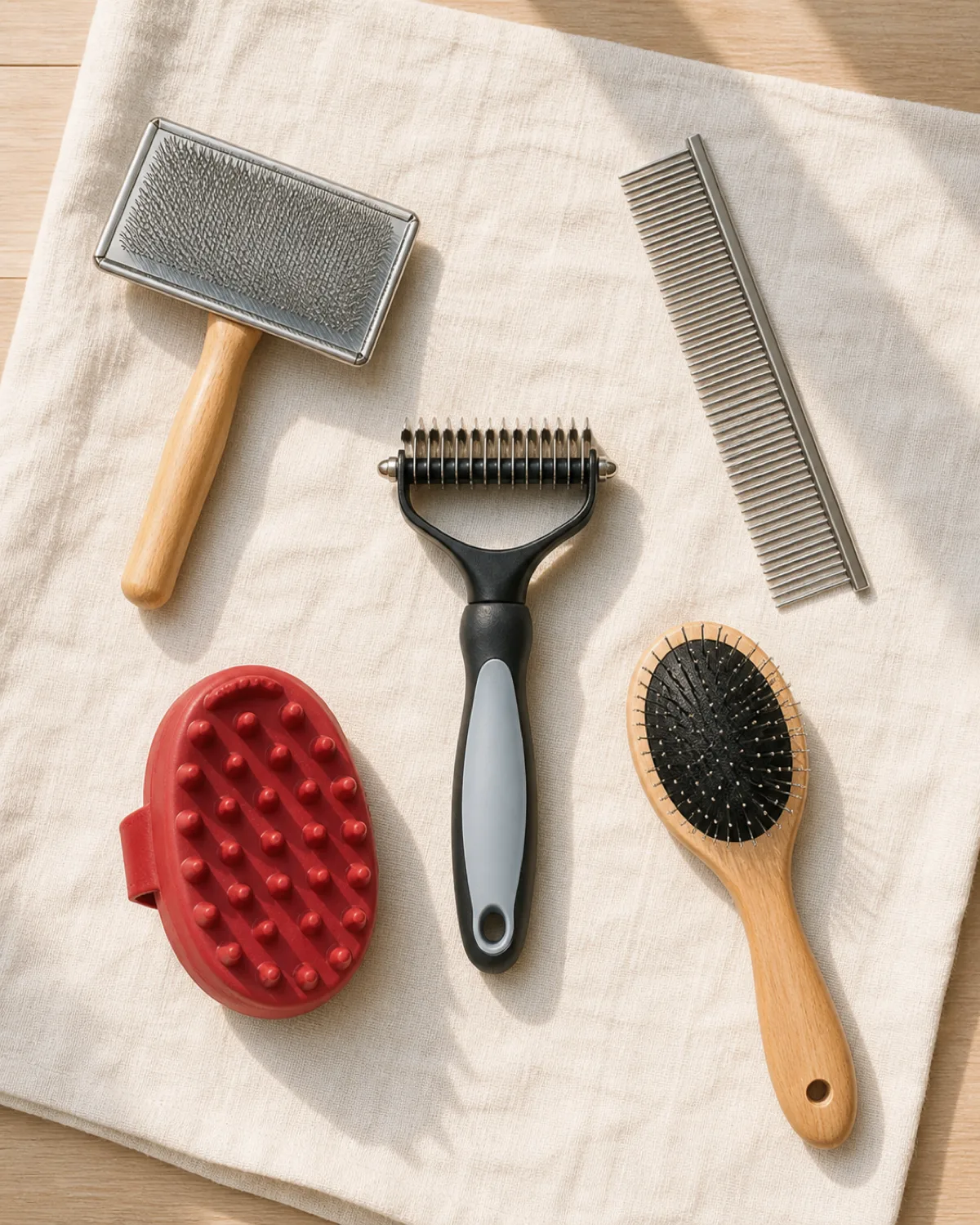 five different home grooming tools arranged neatly on a light wood surface including a slicker brush a steel comb an undercoat rake a red rubber curry brush and a pin brush each spaced apart on a clean cream-colored linen cloth in bright natural overhead light