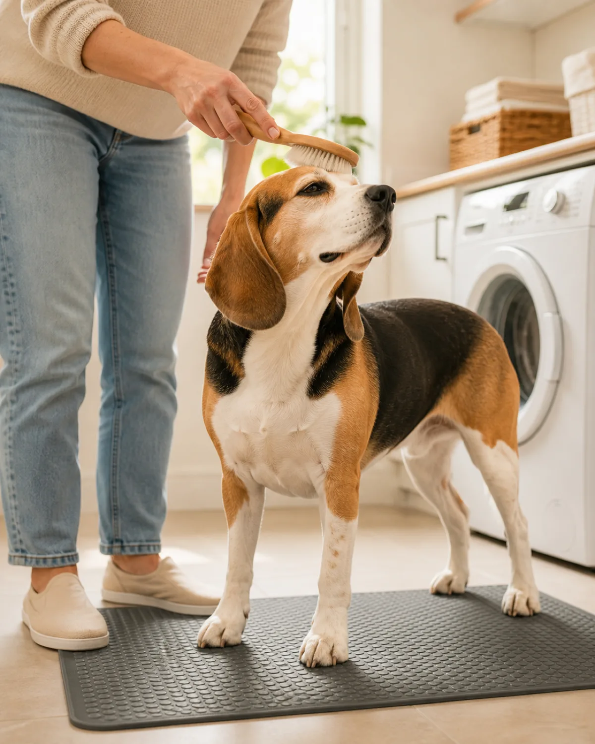 a medium tricolor dog with a black-white-and-tan short smooth coat and long soft floppy ears standing calmly on a non-slip mat while a person starts to brush from the top of the dogs head with a soft bristle brush in a bright laundry room with warm light
