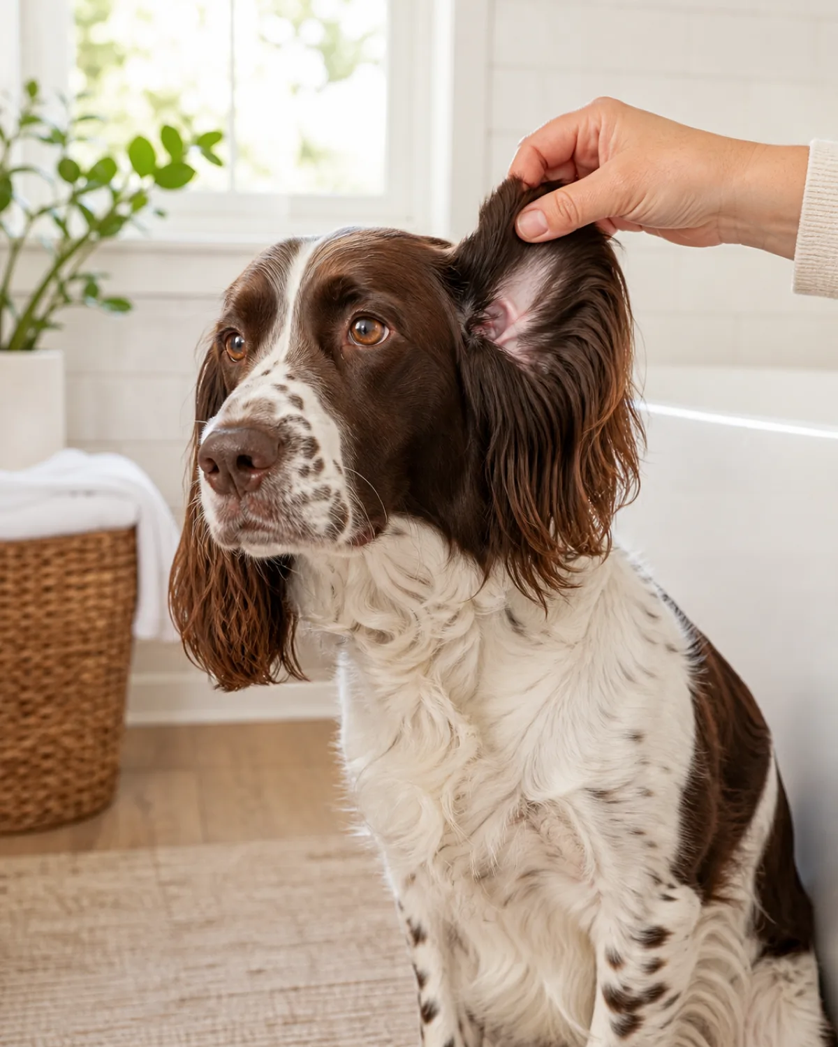 a medium liver-and-white spotted silky-coated dog with long floppy feathered ears sitting calmly while a persons hand gently lifts one floppy ear to peek at the inner ear canal with the dog having a relaxed patient expression in a bright bathroom with warm natural light