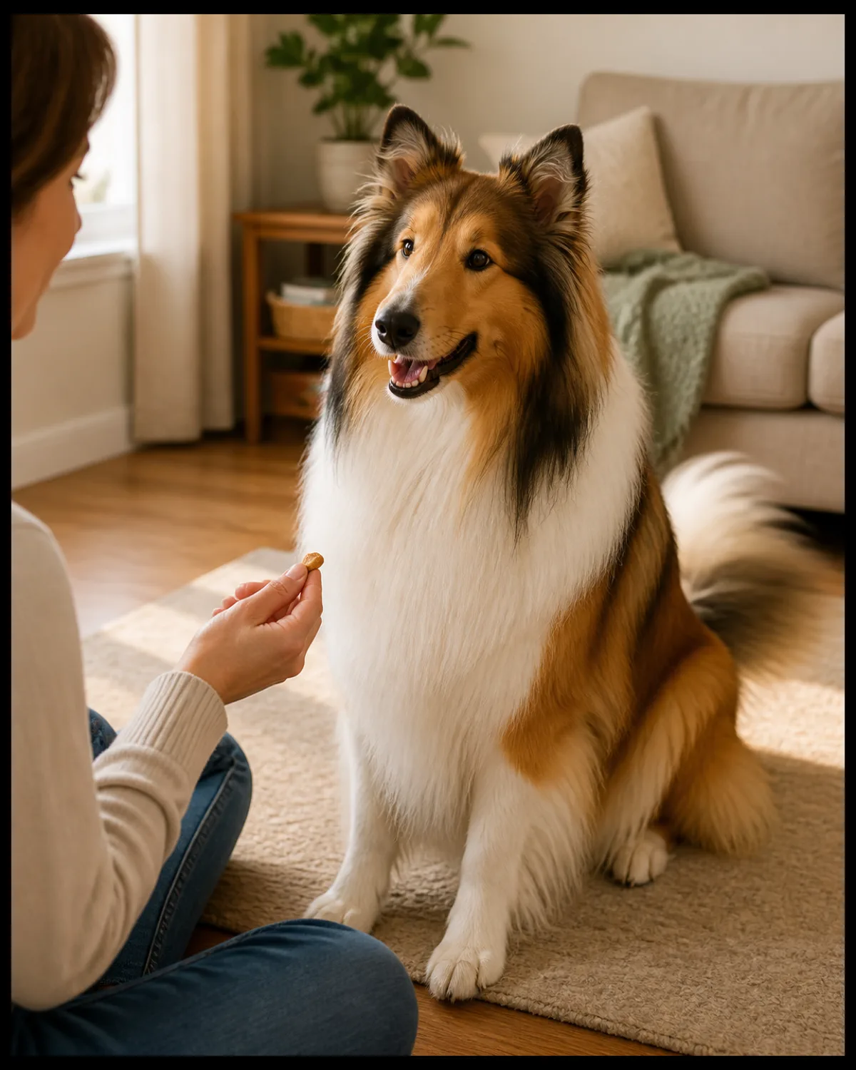 a medium sable-and-white long-coated dog with an elegant narrow face and erect ears sitting beside a person on a living room floor with its coat freshly brushed and gleaming while the person extends a small treat as a reward and the dog wags its tail happily with mouth open in warm golden afternoon light