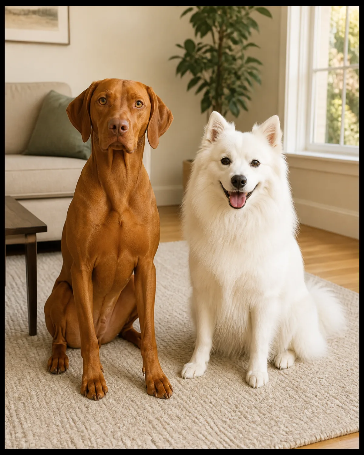 two dogs sitting side by side on a living room rug looking freshly groomed one is a smooth short-coated rust-red medium dog with a lean athletic build and amber eyes and the other is a fluffy pure-white double-coated medium dog with dark eyes and a plumed tail both looking clean and content with glossy coats in warm afternoon window light
