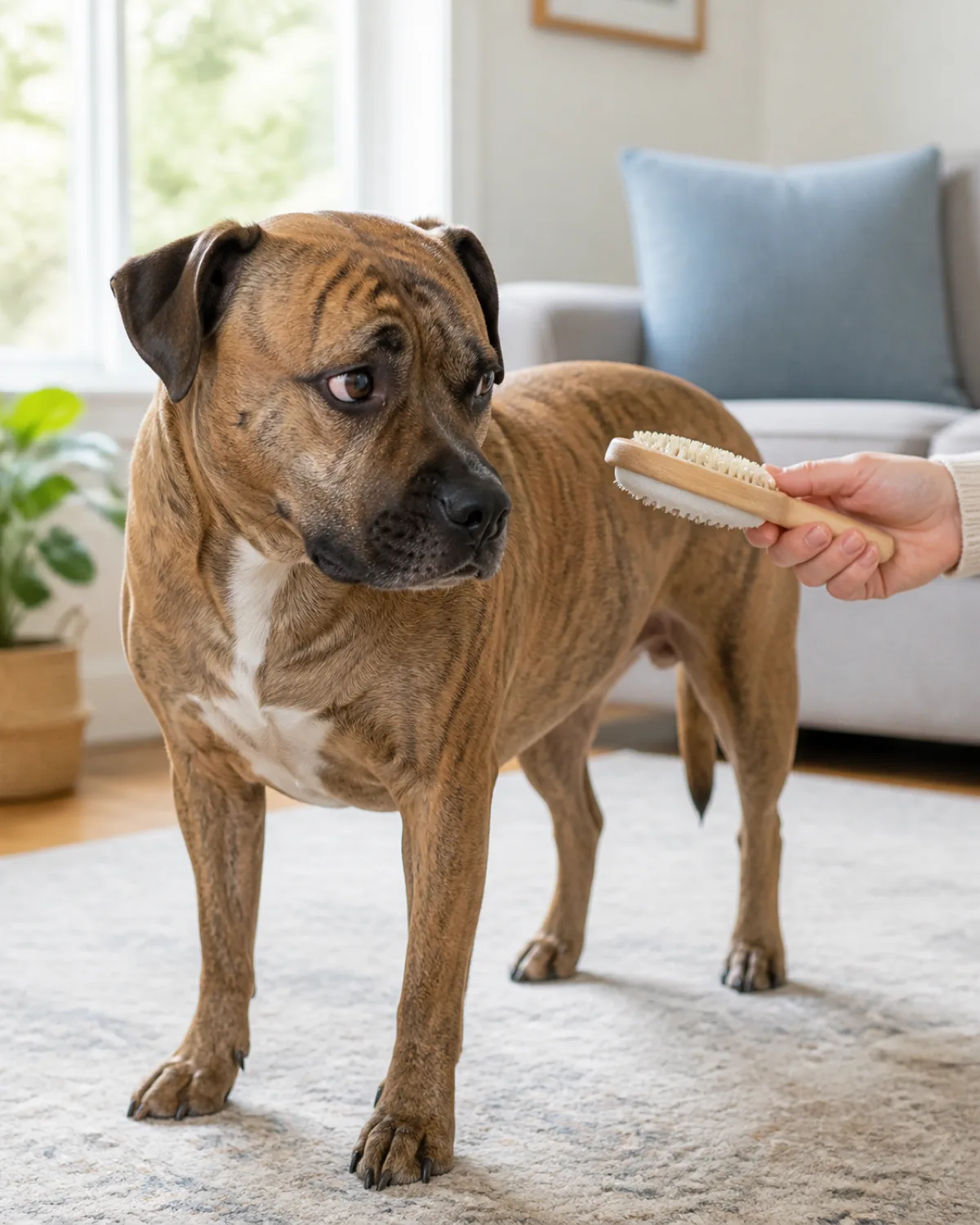 a medium brindle-fawn short-coated dog with a broad head and dark muzzle turning its head slightly to one side showing a mild whale-eye expression with body slightly stiff while a persons hand holding a brush pauses in mid-air near the dogs shoulder in a bright living room with natural light