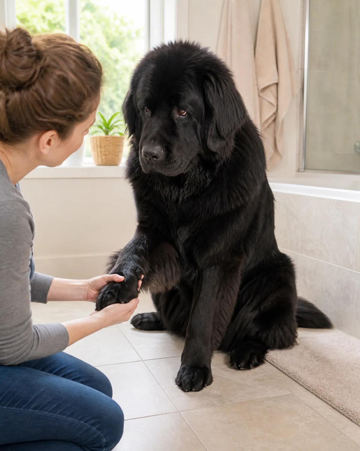 a large solid-black thick-coated dog with a broad head and gentle brown eyes sitting on a bathroom floor while a person kneeling beside it gently holds one large front paw and examines the nail length with the dog looking down at the person with a calm trusting expression in bright natural light