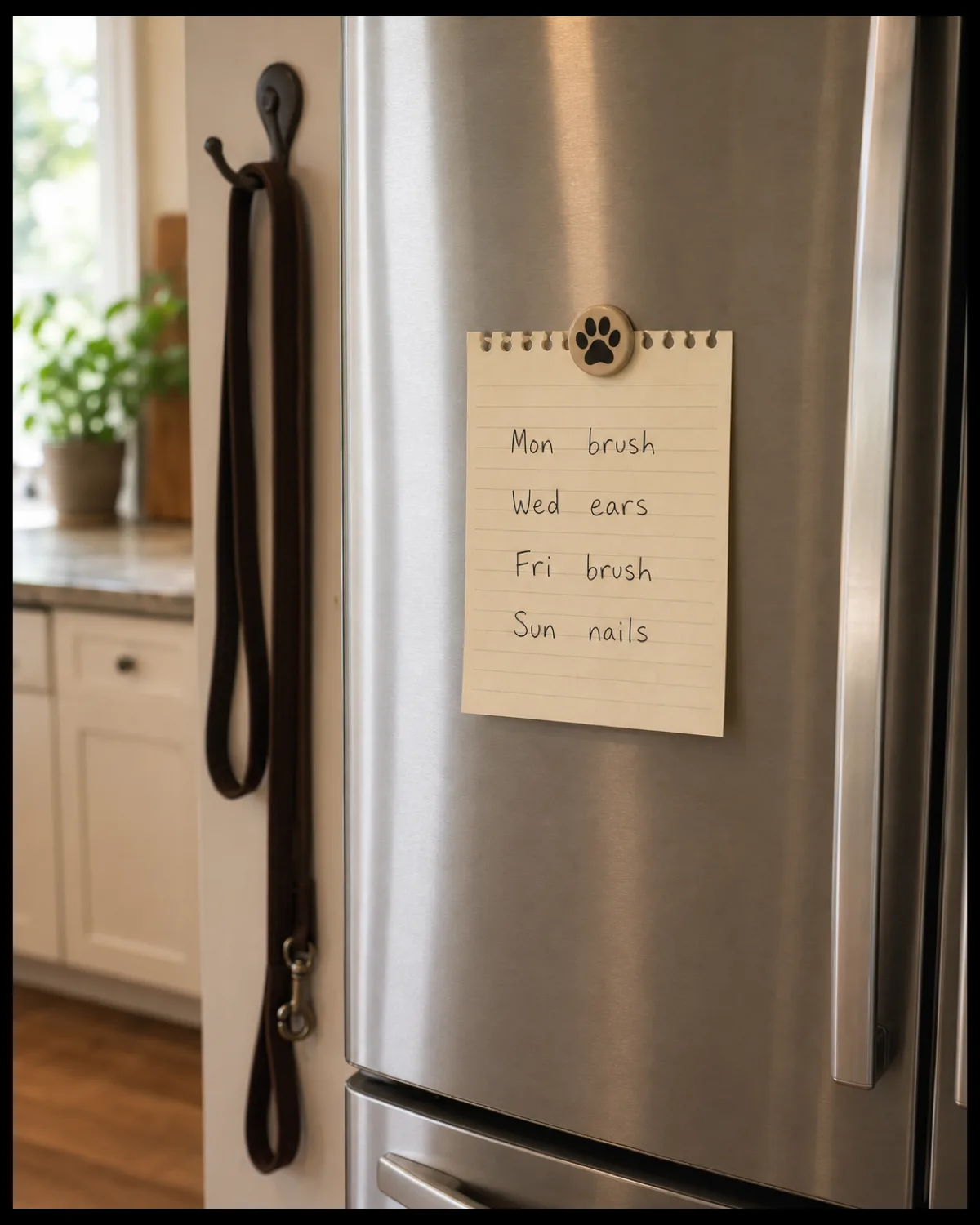 a refrigerator door with a simple handwritten weekly grooming schedule on a small notepad stuck with a paw-print magnet showing days of the week with tasks like brush and ears and nails written in casual handwriting with a leash hanging on a nearby wall hook in a bright kitchen with warm light