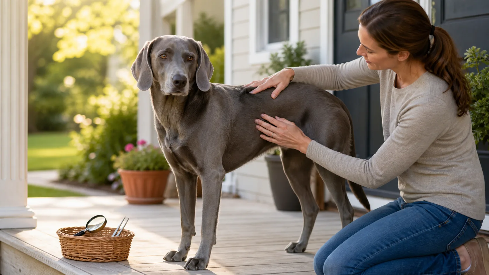 a medium short-coated dog with a warm tawny coat and darker ear tips standing calmly on a back porch while a person kneels beside it running both hands slowly through the fur along the dogs shoulders leash hanging loose on the railing a flea comb and fine-tipped tweezers sitting on a small basket tray nearby soft late-afternoon backyard light
