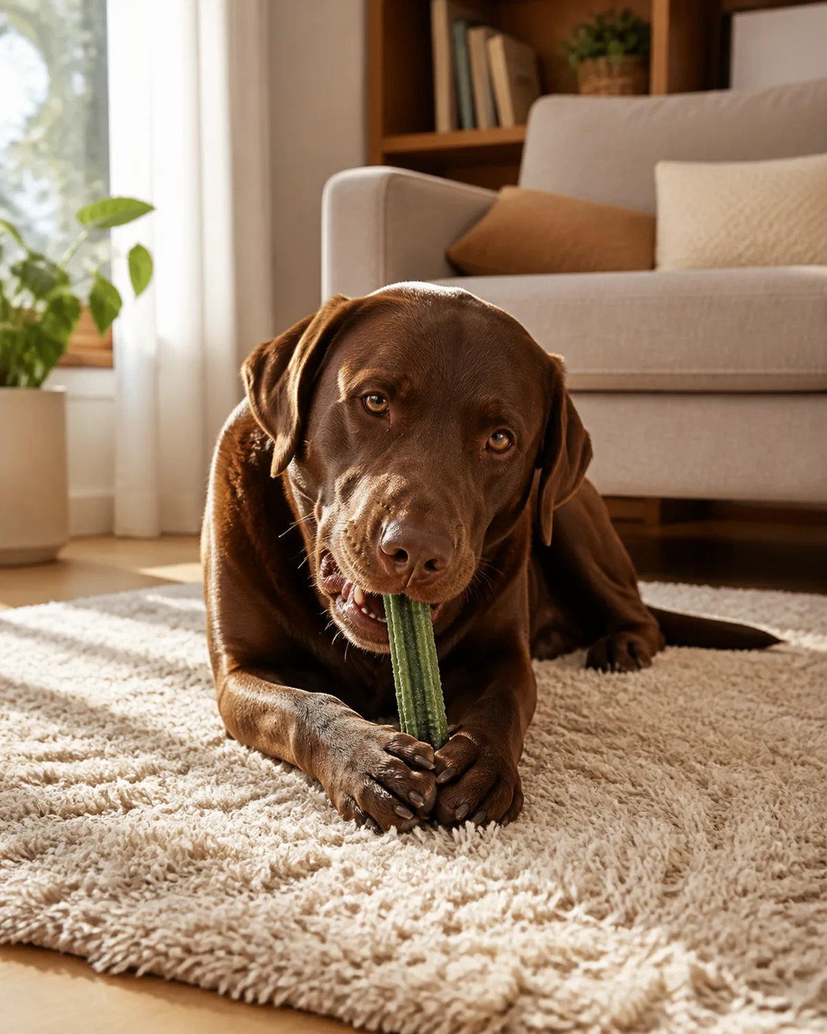 a large chocolate-brown short-coated dog with floppy ears and a broad friendly head lying on a living room rug happily chewing on a green textured dental chew stick held between its front paws relaxed body posture with tail resting warm afternoon light