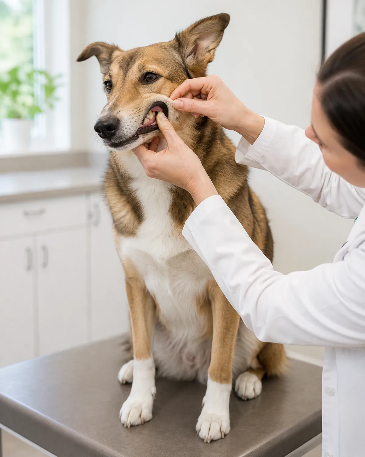 a medium sable-and-white dog with a long narrow muzzle semi-erect ears and a thick double coat sitting on a vet clinic exam table in a bright clean examination room a veterinarian in a white coat gently lifting the dogs lip to look at the teeth the dog calm and cooperative with a relaxed body bright clinical lighting