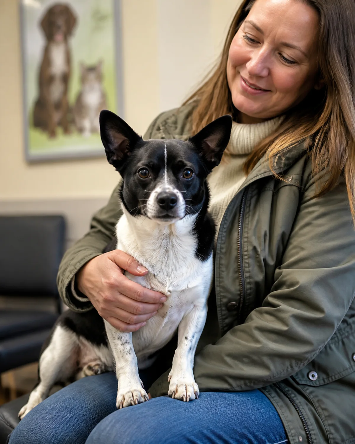 a small black-and-white dog with a compact body erect pointed ears and alert dark eyes sitting on a persons lap in a vet clinic waiting area the person holding the dog comfortably with one arm both looking relaxed and at ease a veterinary poster on the wall in the soft background warm friendly waiting room light