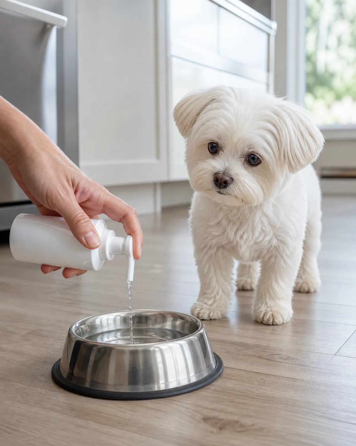 a small fluffy white dog with a round face dark button eyes and a short muzzle standing beside a stainless steel water bowl on a kitchen floor a persons hand pouring a small amount of clear liquid from a plain white bottle into the bowl the dog watching with a perked-up curious expression bright clean kitchen light