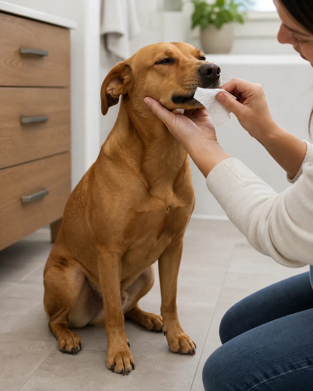 a medium rusty golden-brown short-coated dog with floppy ears and a lean athletic frame sitting calmly on a bathroom floor a person kneeling beside the dog with one hand gently holding the dogs chin and the other hand using a white textured wipe along the outside of the dogs upper teeth the dog has a relaxed calm expression with eyes half-closed soft bathroom light