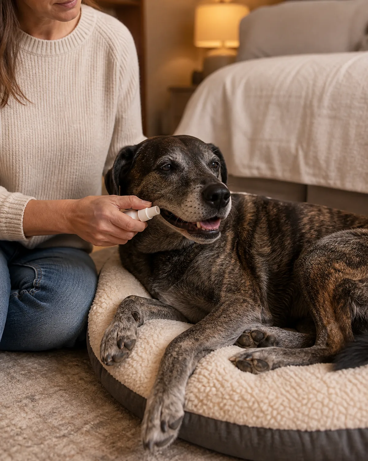 a senior dog with a grey muzzle and a dark brindle short coat medium build with gentle dark eyes lying on its side on a soft dog bed a person sitting beside the bed holding a small plain spray bottle near the corner of the dogs mouth the dogs mouth slightly open and expression completely relaxed and trusting warm lamp light in a quiet bedroom