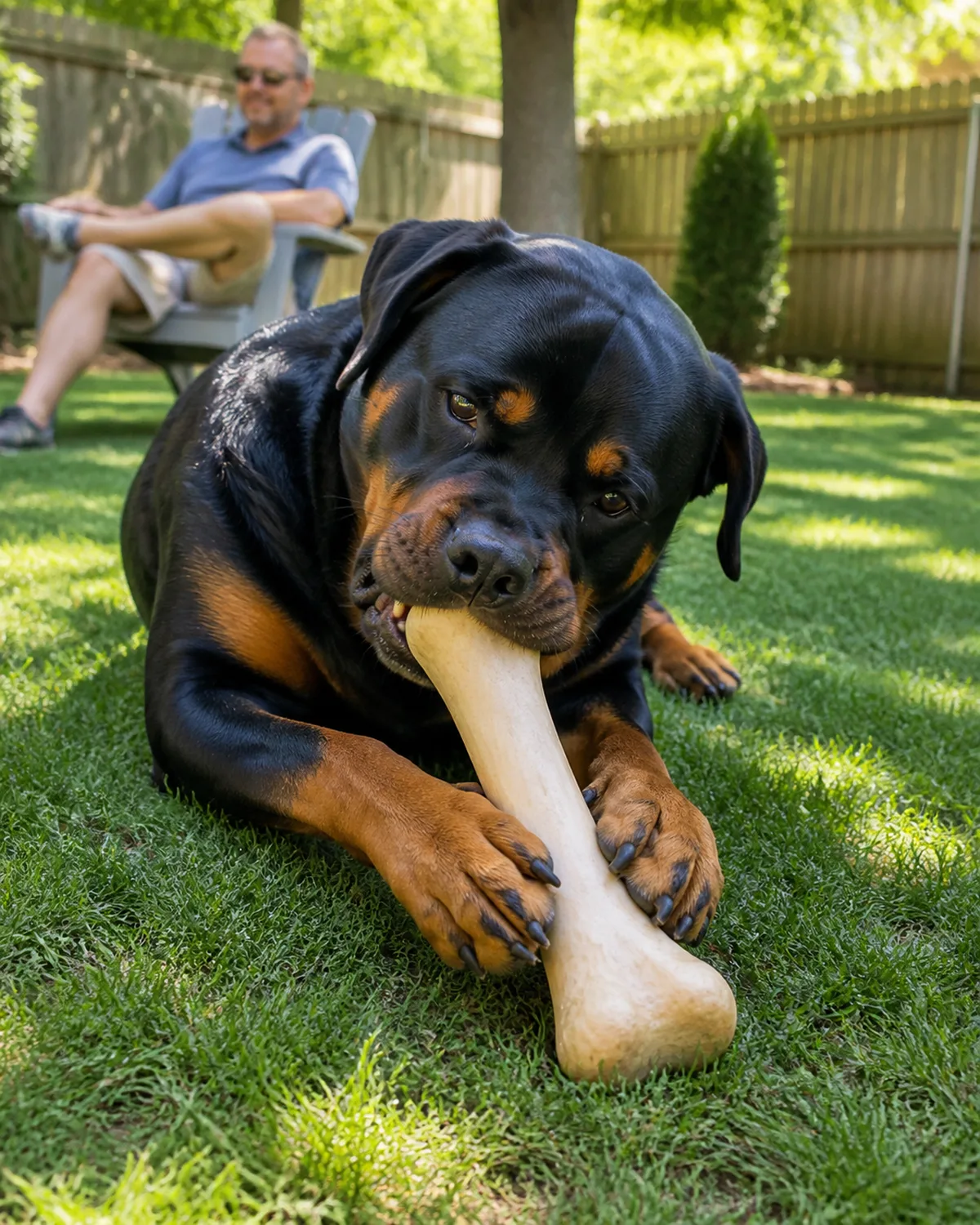 a large black-and-tan short-coated dog with a broad blocky head and floppy ears lying on grass in a fenced backyard gnawing on a large raw marrow bone held between its front paws a person sitting in a lawn chair nearby watching the dog bright midday sun with dappled shade