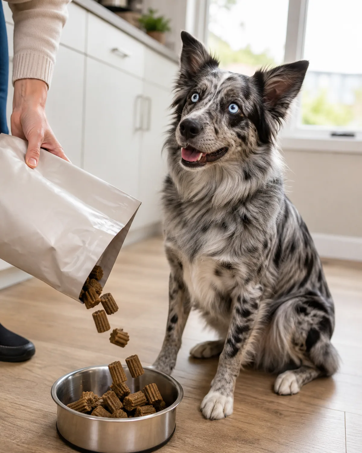 a medium blue-merle dog with a mottled grey and black coat bright blue eyes and semi-erect ears sitting attentively in a kitchen looking up at a person who is pouring large-sized kibble from a bag into a stainless steel bowl on the floor the kibble pieces visibly larger than standard size bright kitchen light