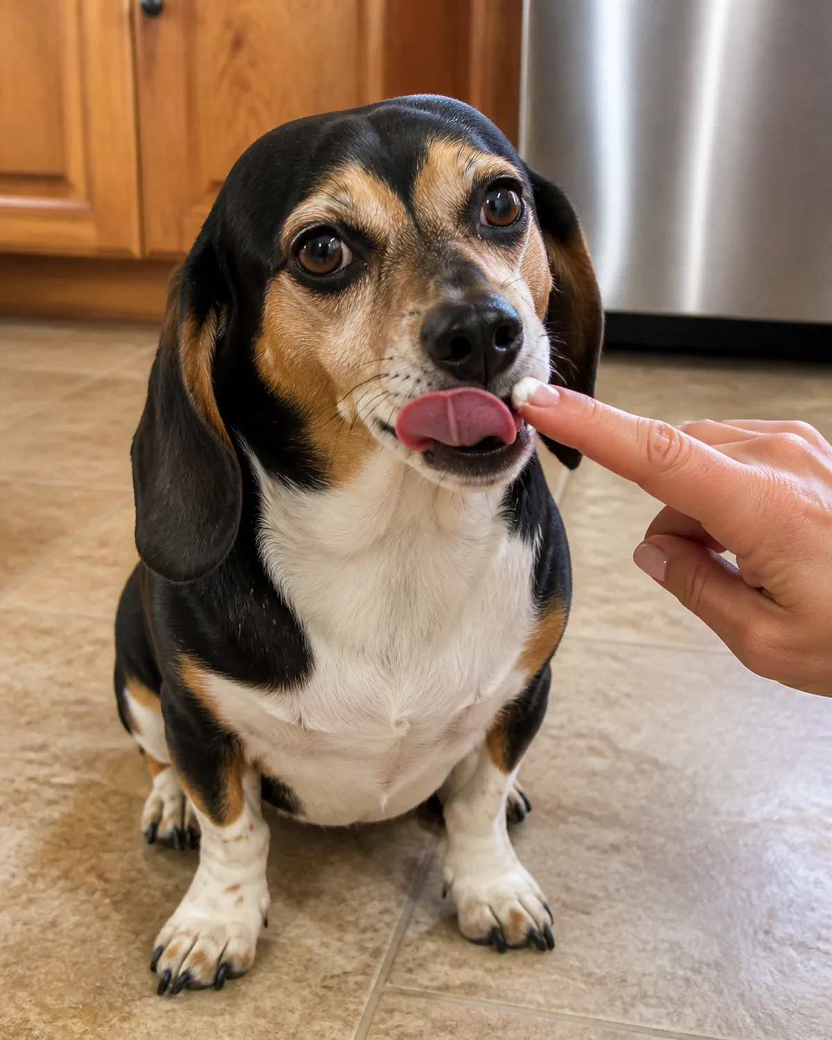a small tricolor black white and tan short-coated hound with long low-set floppy ears sitting on a kitchen floor a persons finger with a small dab of white coconut oil on the fingertip gently touching the outside of the dogs gum line the dog licking its lips with a happy expression warm kitchen light