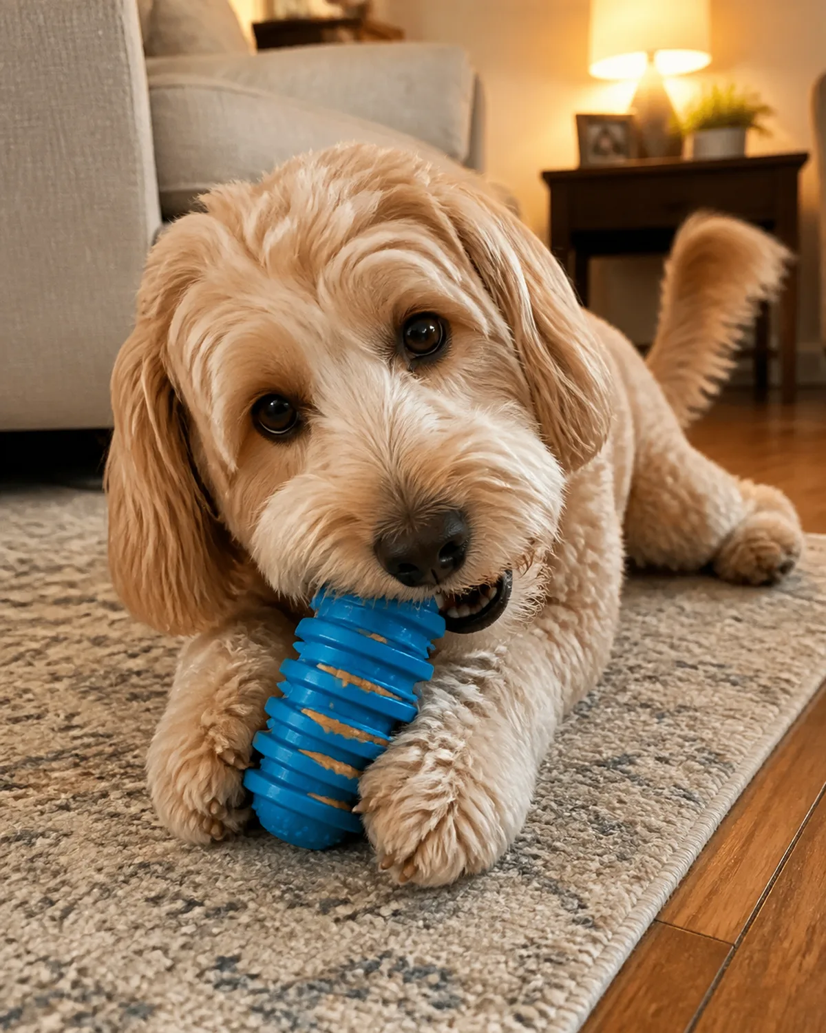 a medium apricot-cream dog with a soft wavy coat dark round eyes and a gentle expression lying on a living room floor enthusiastically chewing on a blue rubber toy with visible texture ridges and grooves peanut butter smeared in the grooves the dogs tail slightly wagging warm indoor light