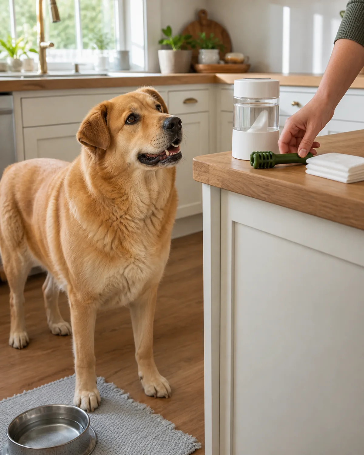 a large tawny-gold dog with a thick double coat broad head and gentle dark eyes standing in a kitchen beside its water bowl in the morning a persons hand placing a dental chew on a counter beside a plain white bottle of water additive and a small stack of dental wipes the dog looking up expectantly bright morning light